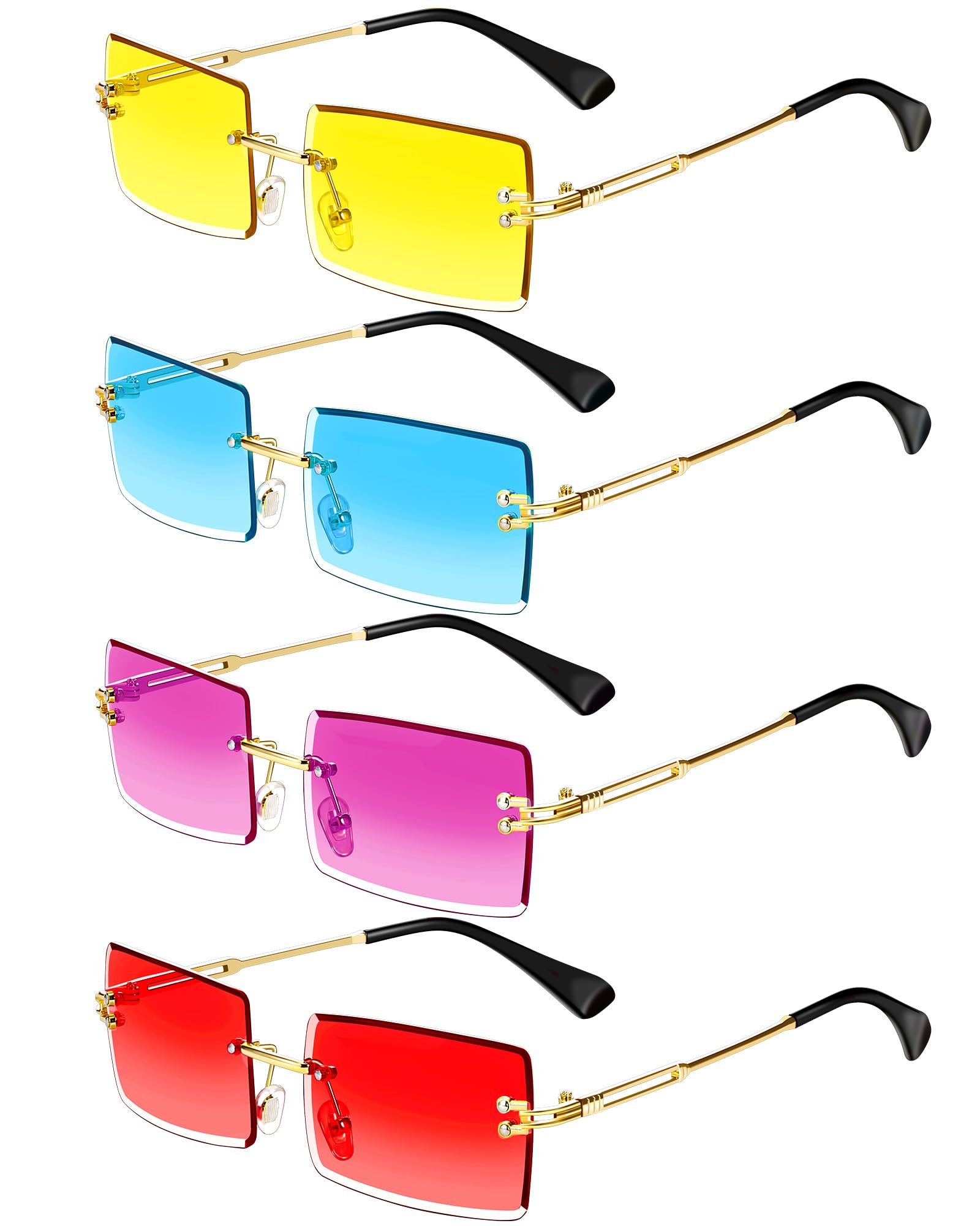 Frienda 4 Pairs Rimless Rectangle Sunglasses Frameless Square Glasses Vintage Transparent Eyewear for Women Men