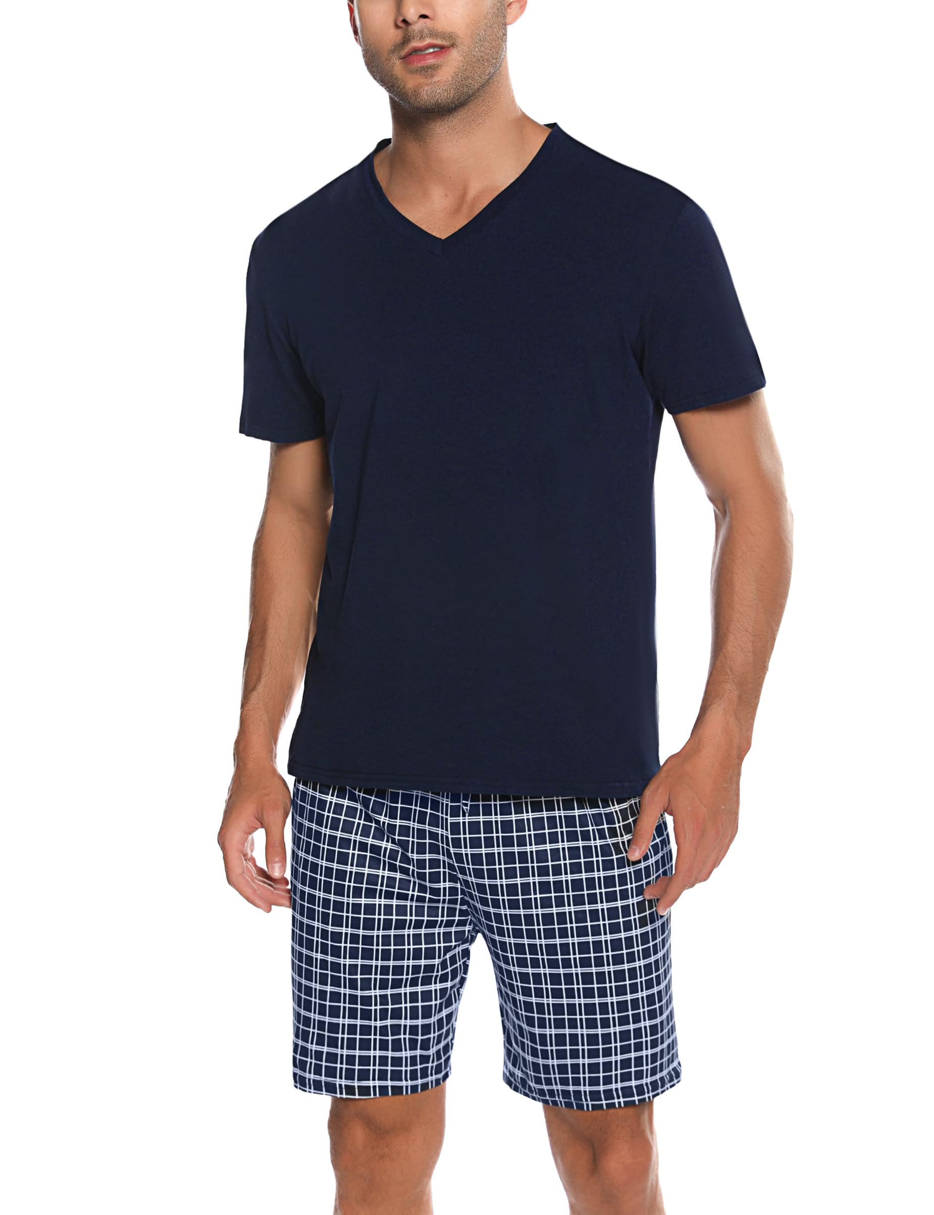 Bresdk Kurzer Herren-Pyjama aus Baumwolle, kurzärmelig, Set aus kurzen Pyjamas, für den Sommer, Hemden und Hosen, weich und bequem