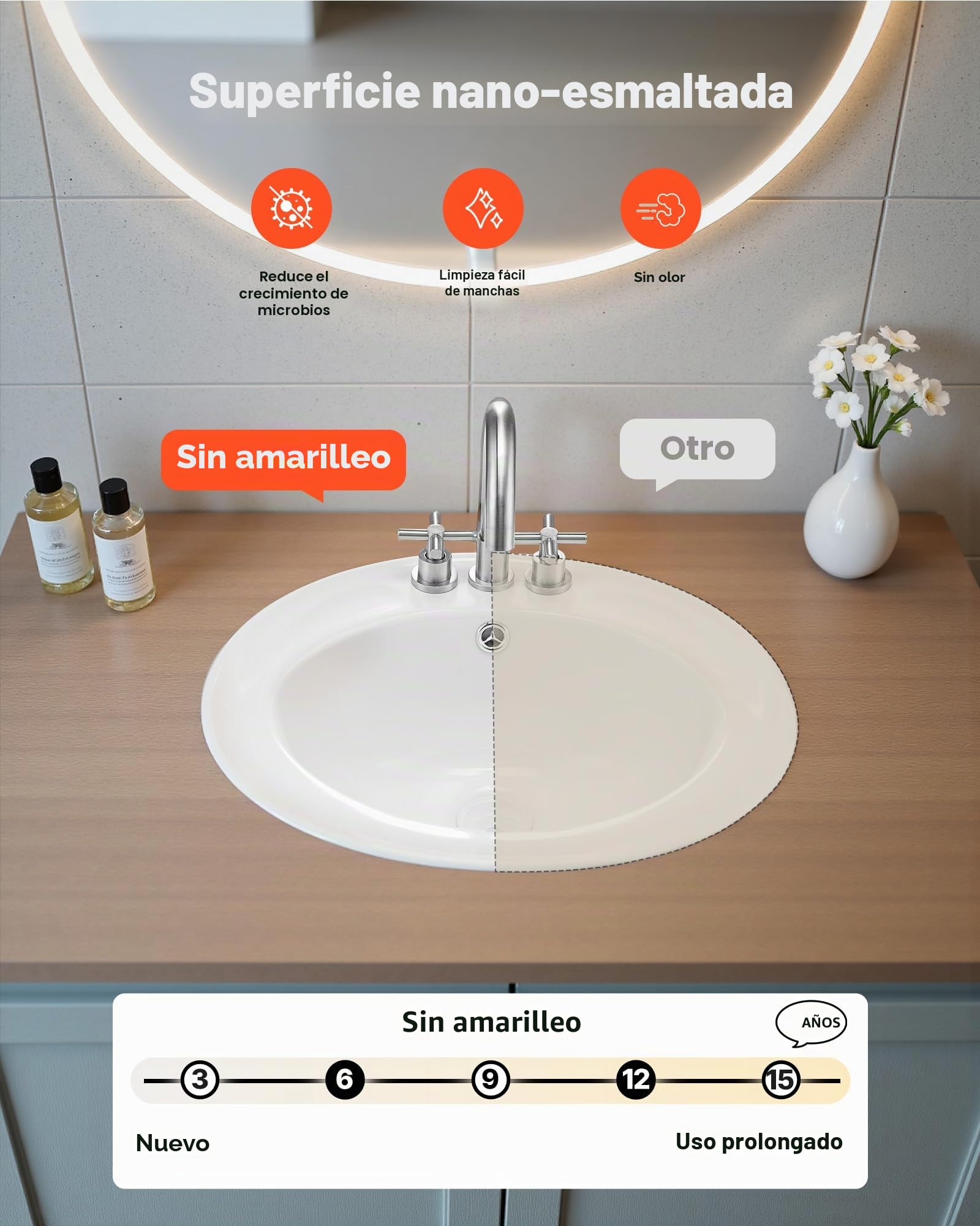 VEVOR Lavabo Semiencastrado de Encimera Ovalado, 485 x 425 x 190 mm, con Rebosadero y 3 Orificios para Grifo, Moderno Lavabo Empotrado para Cocina y Baño, con Protección Antiamarilleo, Blanco