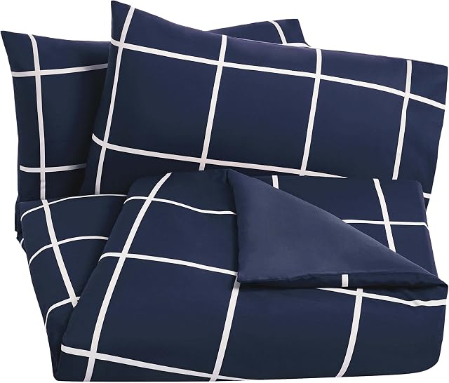 Amazon Basics Microfiber Duvet Cover Set, Light weight  230 x 220 cm, King - Navy Simple Plaid
