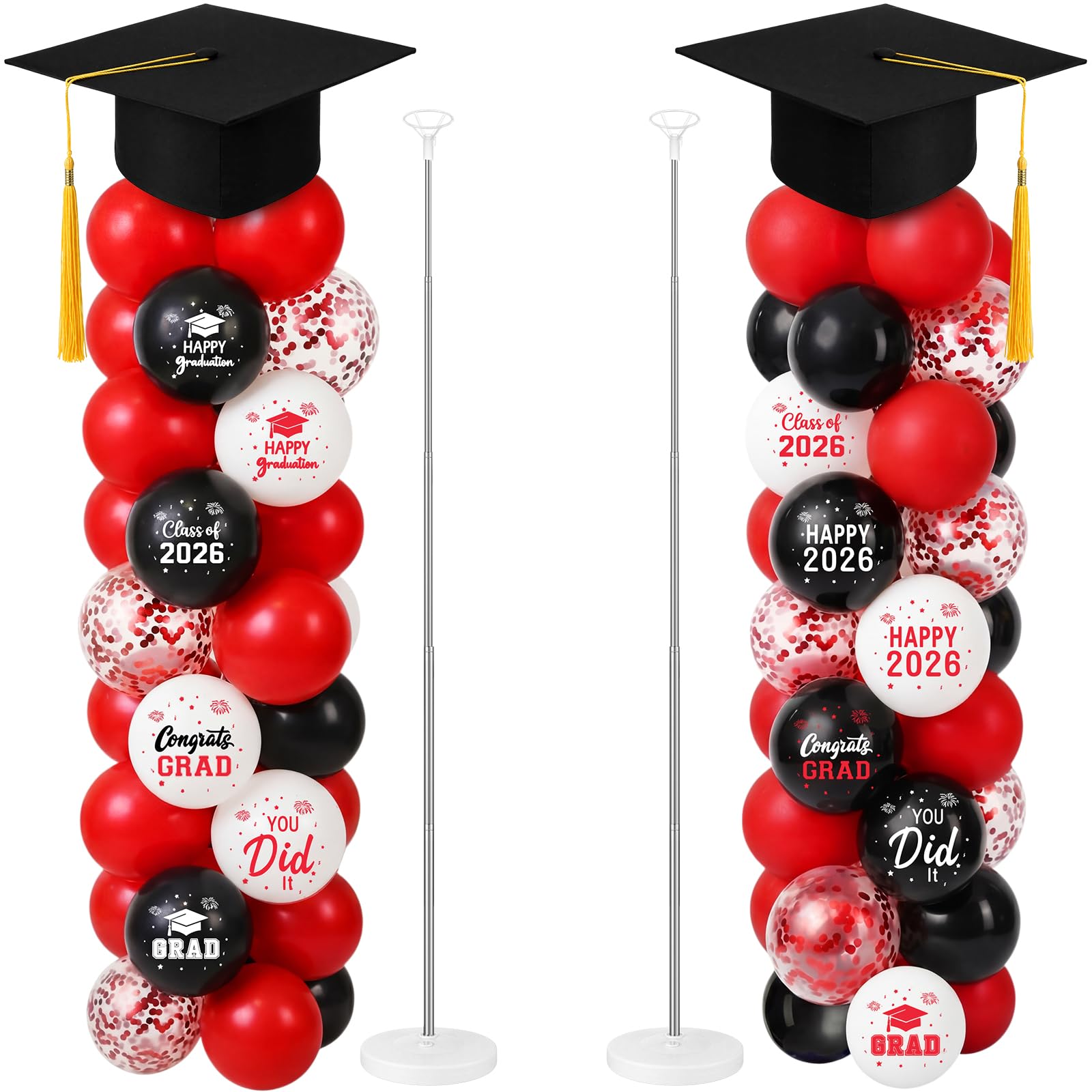 Photo 1 of *** MISSING MANY PARTS *** Thenshop 2 Sets Black Red Graduation Balloon Column Stand Kit 2026- Balloon Tower Stand Kit with 100 Balloons with 7ft Adjustable Height with Paper Grad Cap Toppers for Grad Party Decor Supplies