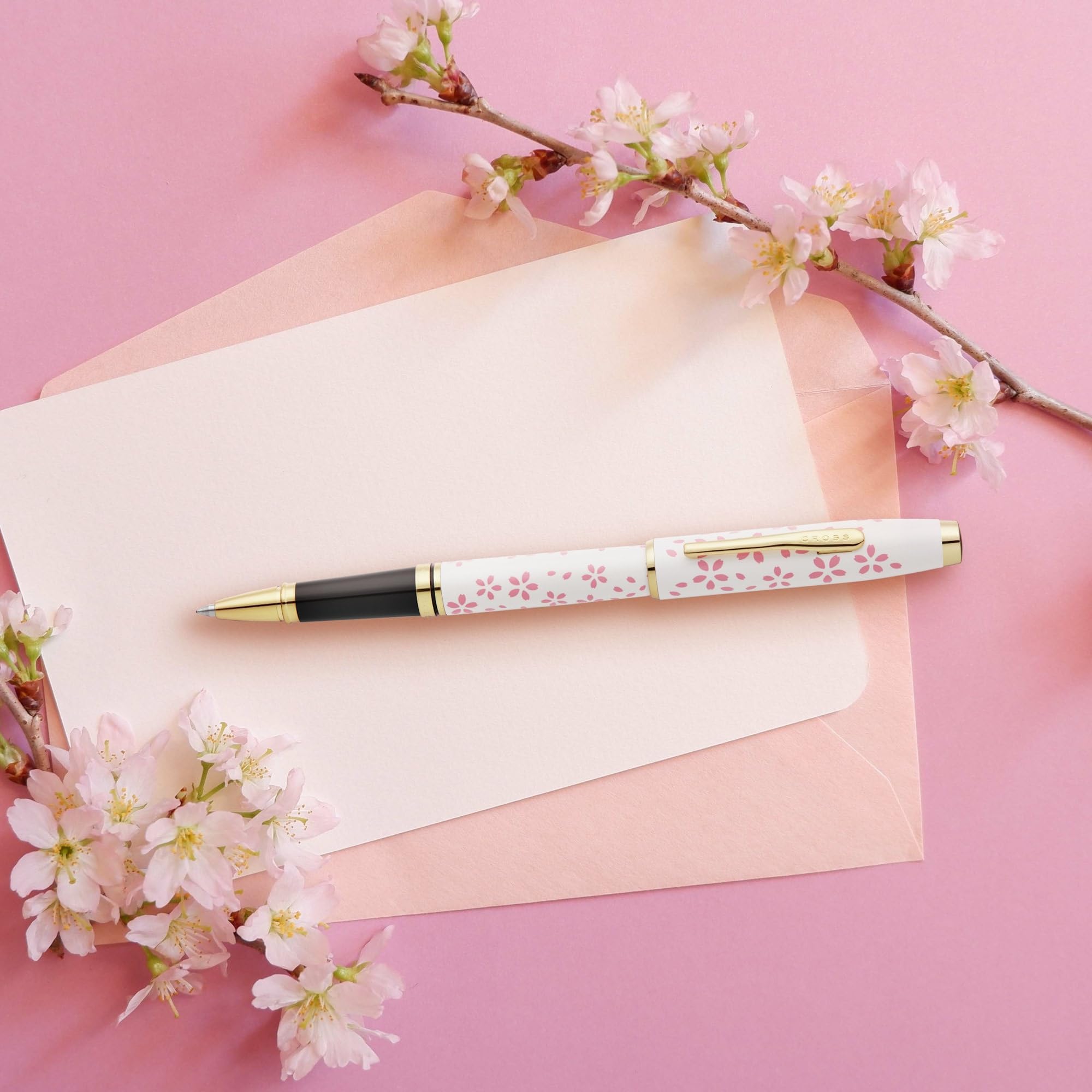 Cross Coventry Cherry Blossom Pearl White Lacquer Sakura Pink Screenprint Polished Gold Tone Appointments Rollerball Pen - Refillable — view 2