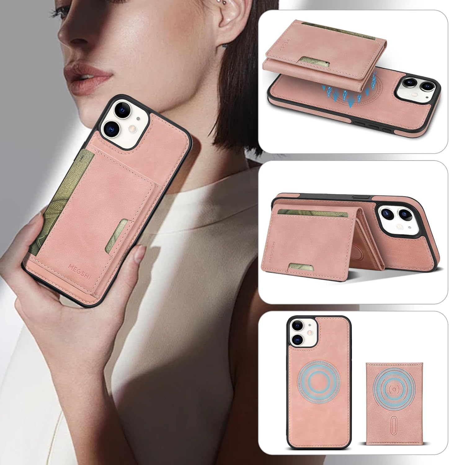 for iPhone 12 Wallet Case, 2-in-1 Detachable Wallet Case, Card Holder RFID Blocking, Fashionable Faux Leather Card Slot & Folding Design (Pink 6.1'')