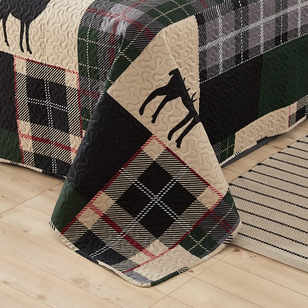 CHESITY Lodge Bedspread King Size, Rustic Cabin Quilt Set Deer Printed Bedspreads Coverlet Reversible Lightweight Quilt Set Dark Green Beige Plaid Patchwork Country Decor Bedcover(96"x 108") - Image 8