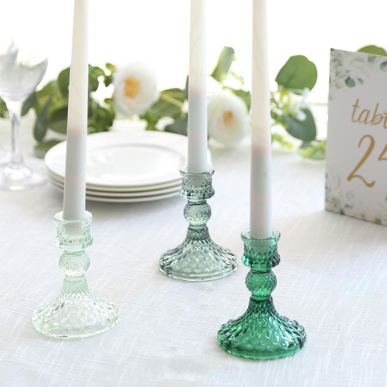 TABLECLOTHSFACTORY 6 Pack Assorted Green Glass Taper Candlestick Holders with Diamond Pattern, Reversible Crystal Pillar Votive Candle Stands - 4