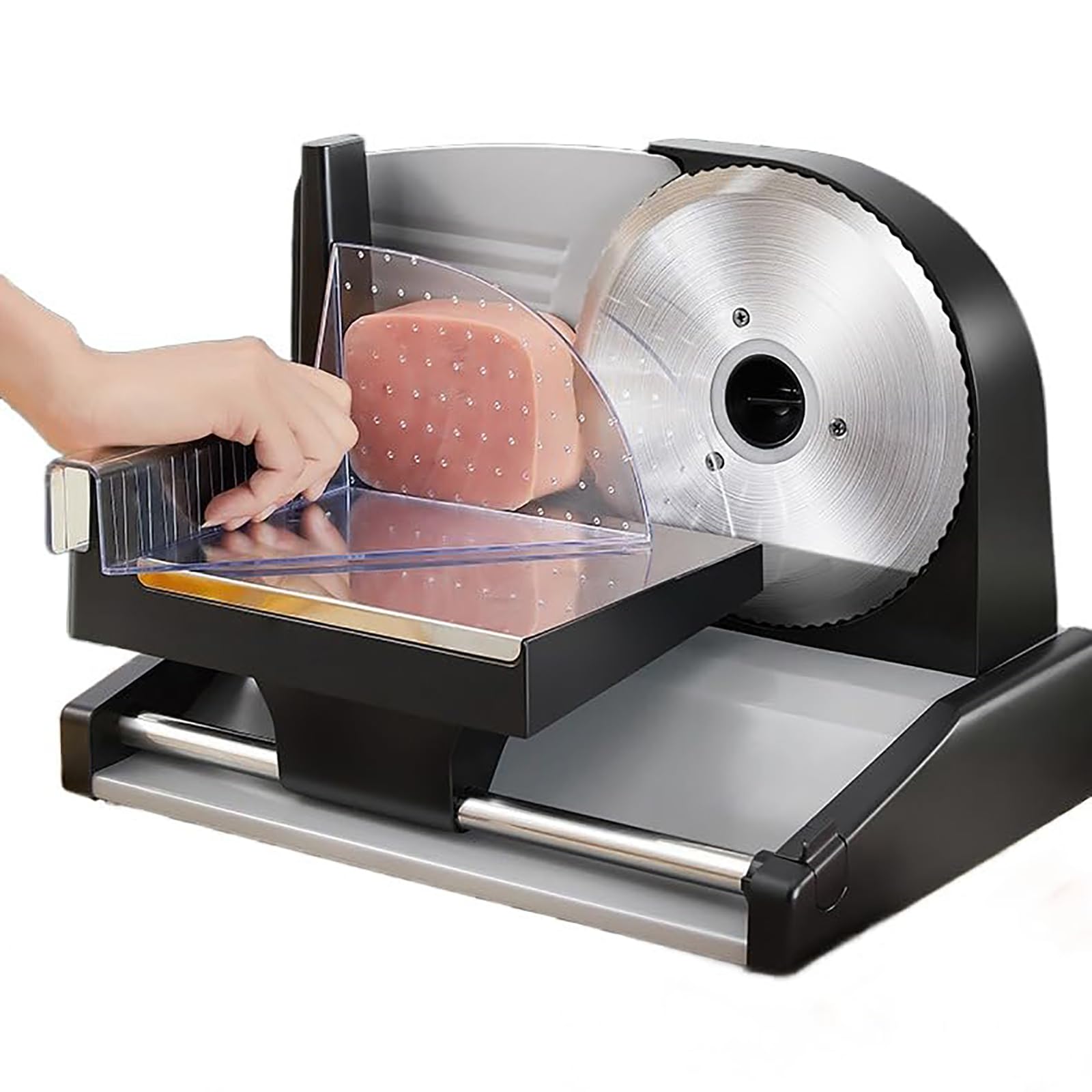 Affettatrice elettrica da 200 W, lama in acciaio inox di prima qualità, spessore regolabile da 0 a 15 mm, design semiautomatico con piedini antiscivolo per uso domestico e commerciale.