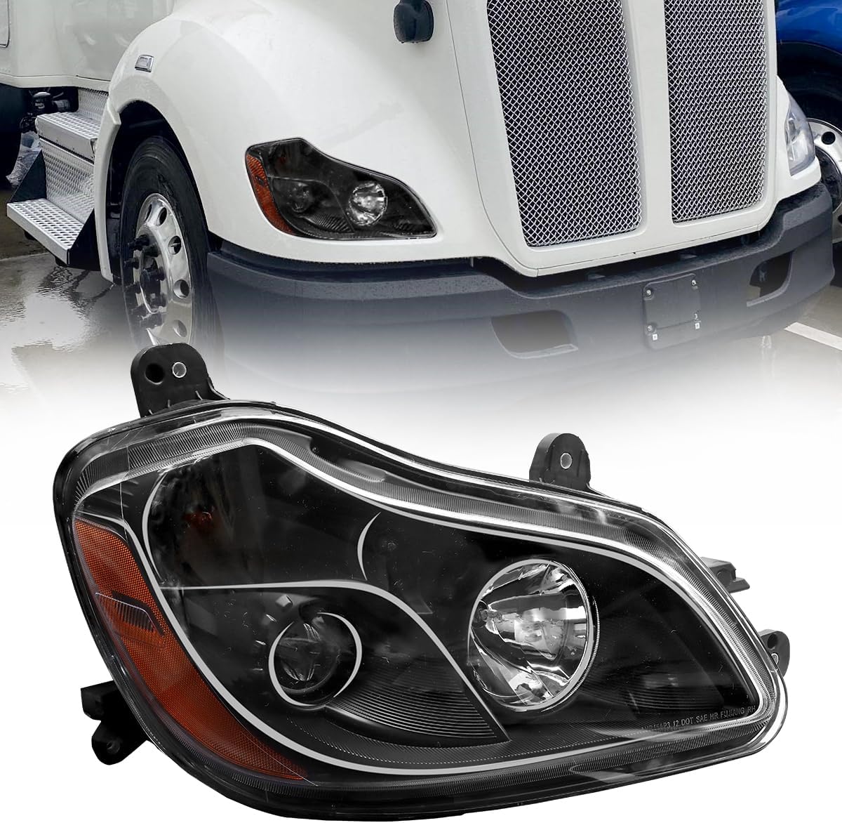 Black Headlight Fit for Kenworth T680 2013-2021, Pair Headlamp Headlights Black House Right Passenger Side (Right/passenger side)