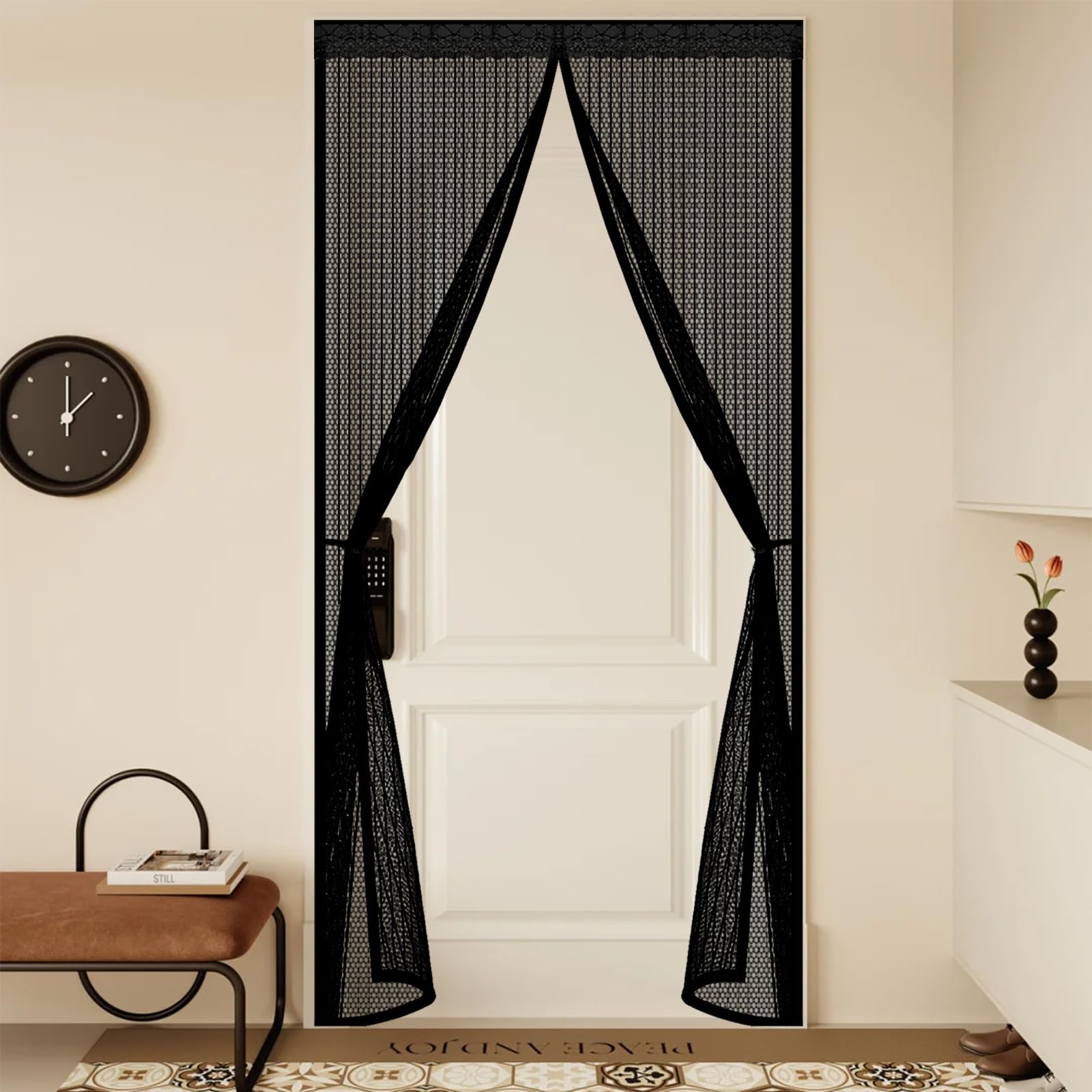 Mesh Curtain 210 x 255 cm Keep Bugs Out, Full Frame Magic Tape, Powerful Magnets, Self Sealing, No Drill Installation, Fly Door Screen Mesh for Patio Exterior Indoor Doors, Black