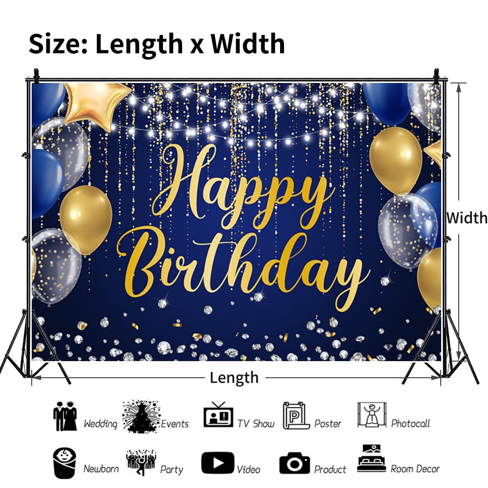 4,6 x 2,7 m blauer Hintergrund "Happy Birthday" mit blauen goldenen Glitzern, silbernen Punkten, Sternen, Luftballons, Geburtstag, Fotografie, Hintergrund, Jungen, Männer, Geburtstagsparty