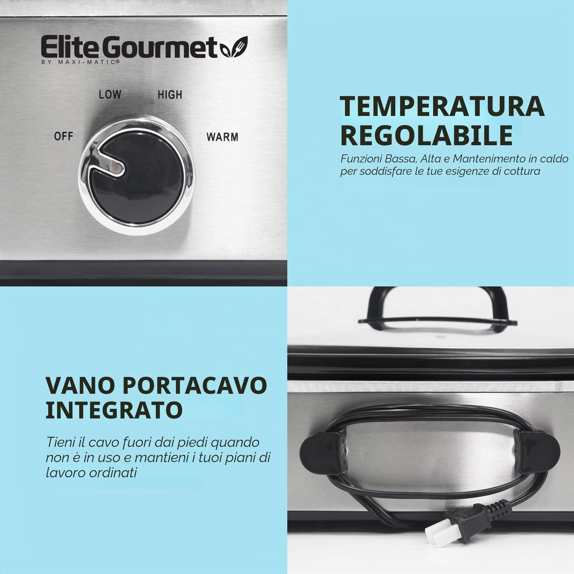 Elite Gourmet, Casseruola per cottura lenta MST-5240SS, coperchio con blocco, temperatura regolabile, mantenimento in caldo, adatta a forno e lavastoviglie, capacità 3,3 l, acciaio inox