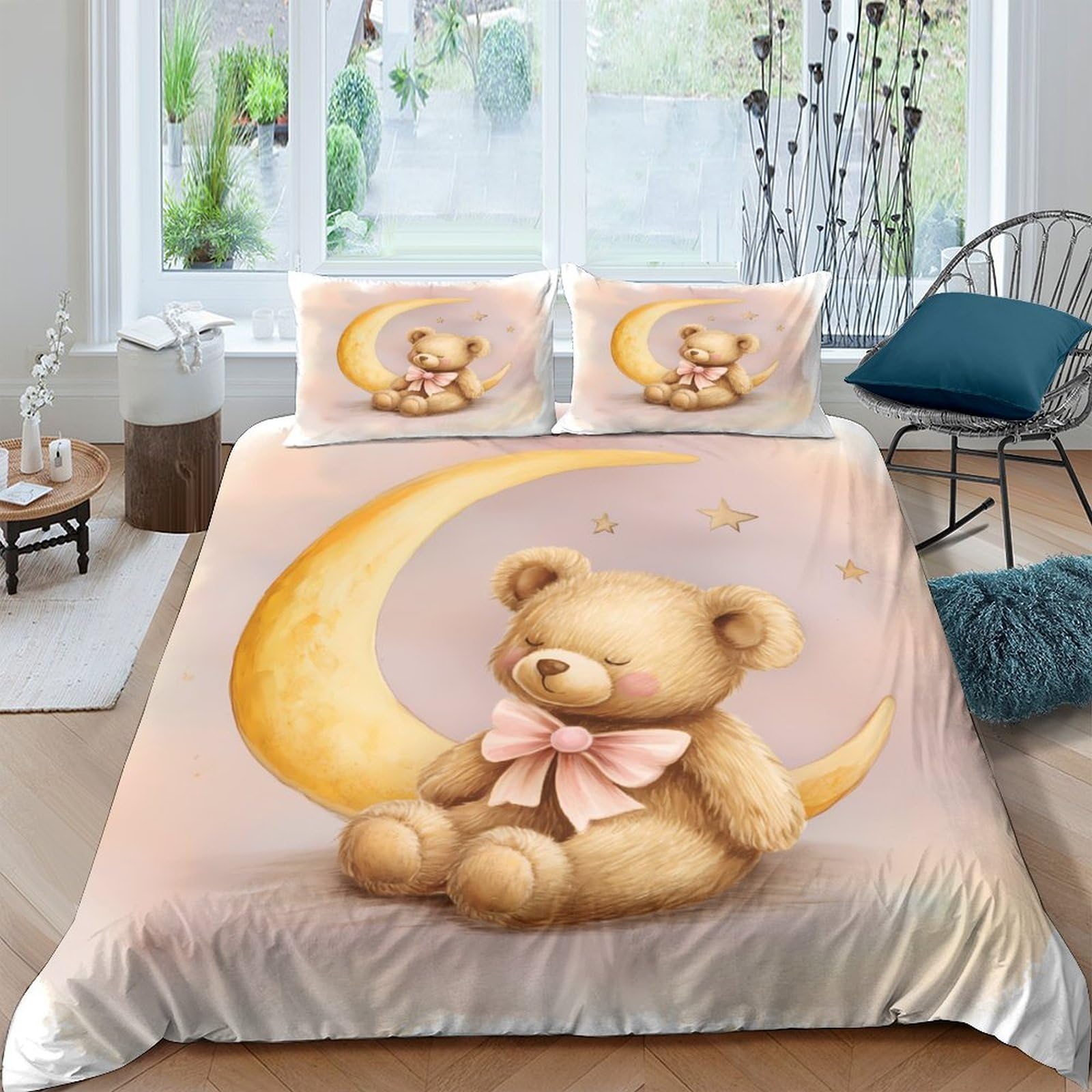 Ctjqhvkz Style-2 3D Printed Cute Teddy Bear Fitted Sheet Microfiber Soft Pink Moon Bed Cover For Bedroom Guest Room Decor Single（135X200cm）