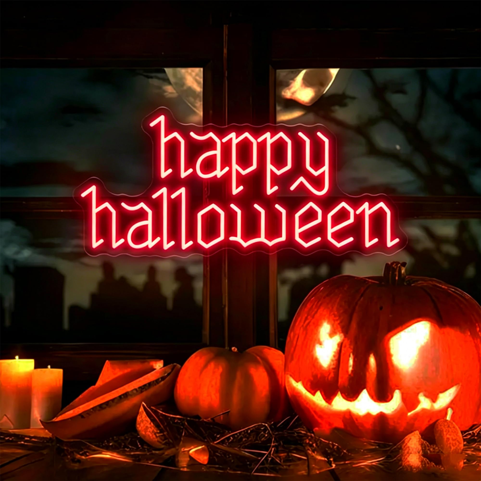 Large Happy Halloween Neon Sign, Custom LED Neon Light with Dimmable Switch and Hanging Chain, Family Spooky Party Wall Art Decor, Holiday Home Decoration, Gift for Halloween Party — image 1