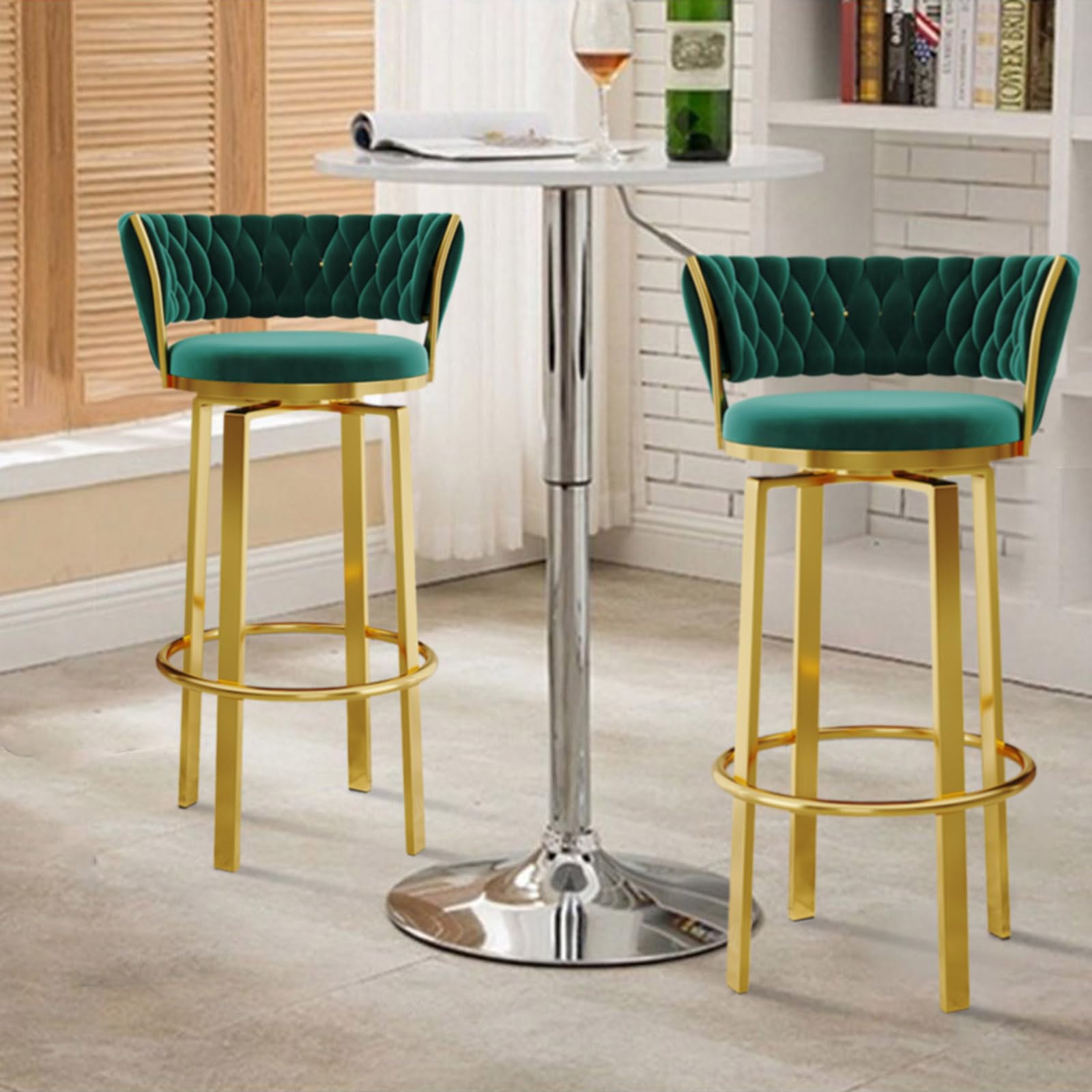 Set di sgabelli da bar moderni in velluto verde girevole, 1/2/3/4, sedie imbottite con schienale intrecciato e gambe a D, altezza 75 cm, per cucina, sala da pranzo e bar di casa