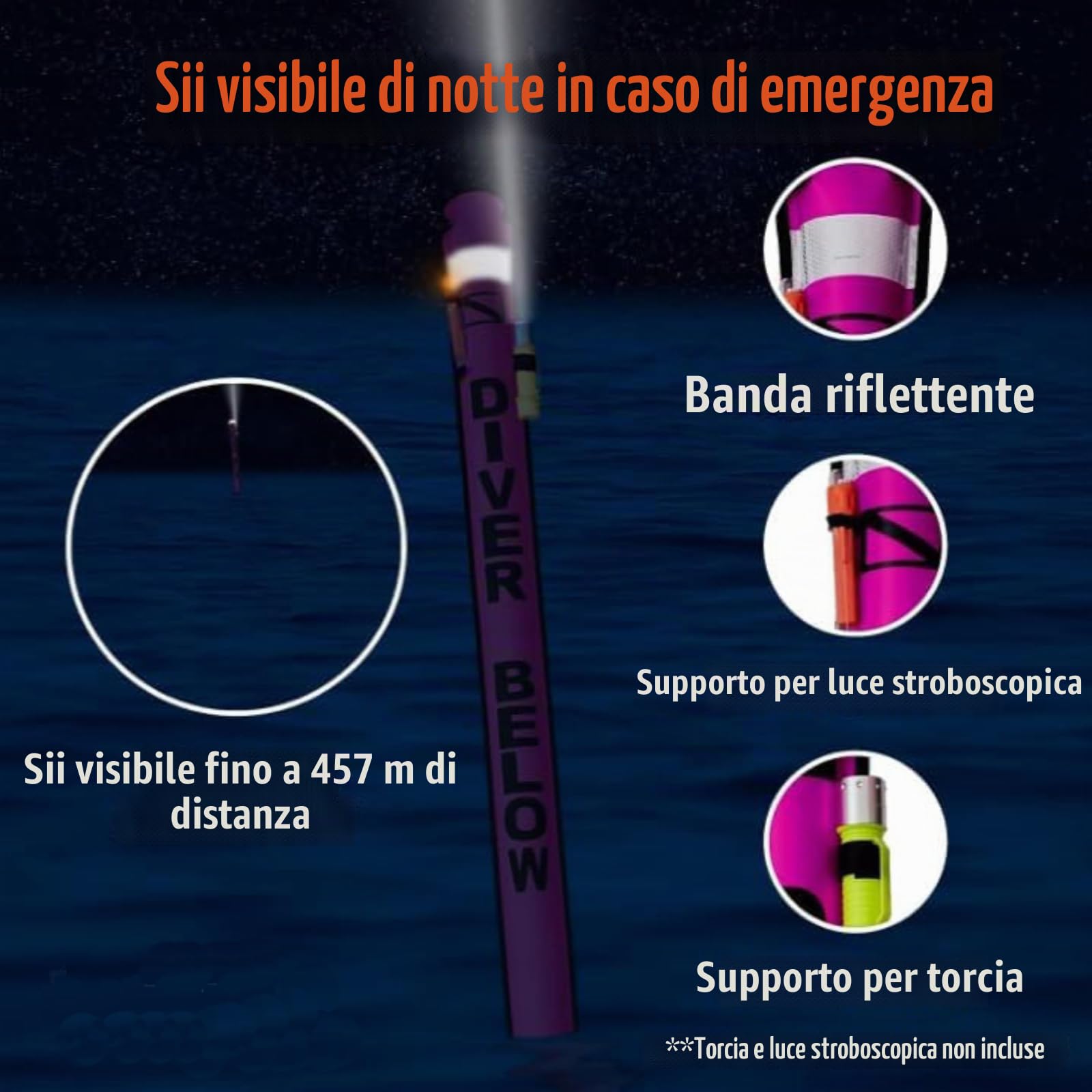 DEWIN Boa Sub, 120x15 cm Boa Apnea Gonfiabile per Snorkeling, Pedagno Sub per Immersione con Valvola per la Segnalazione della Superficie di Immersione Accessori per la Sicurezza