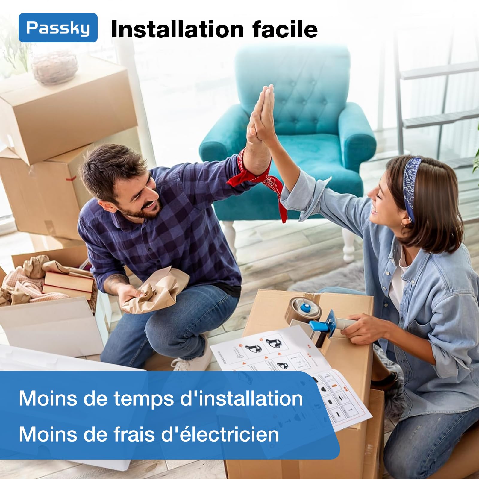 Ventilateur de plafond Passky avec éclairage et télécommande, moteur DC silencieux, 132 cm, 3 pales, noir
