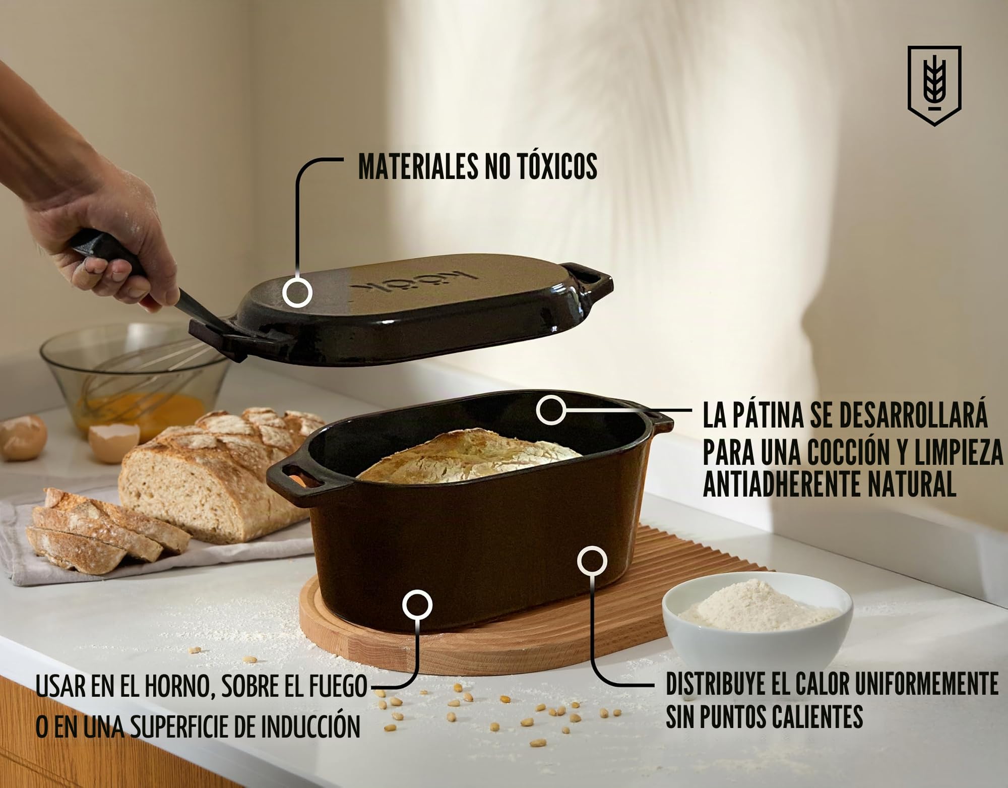 KooK Horno holandés ovalado, para hornear pan, molde para pan de masa madre, con tapa, asas dobles, hierro fundido esmaltado, incluye palanca de tapa, apto para lavavajillas, 3.4 cuartos de galón