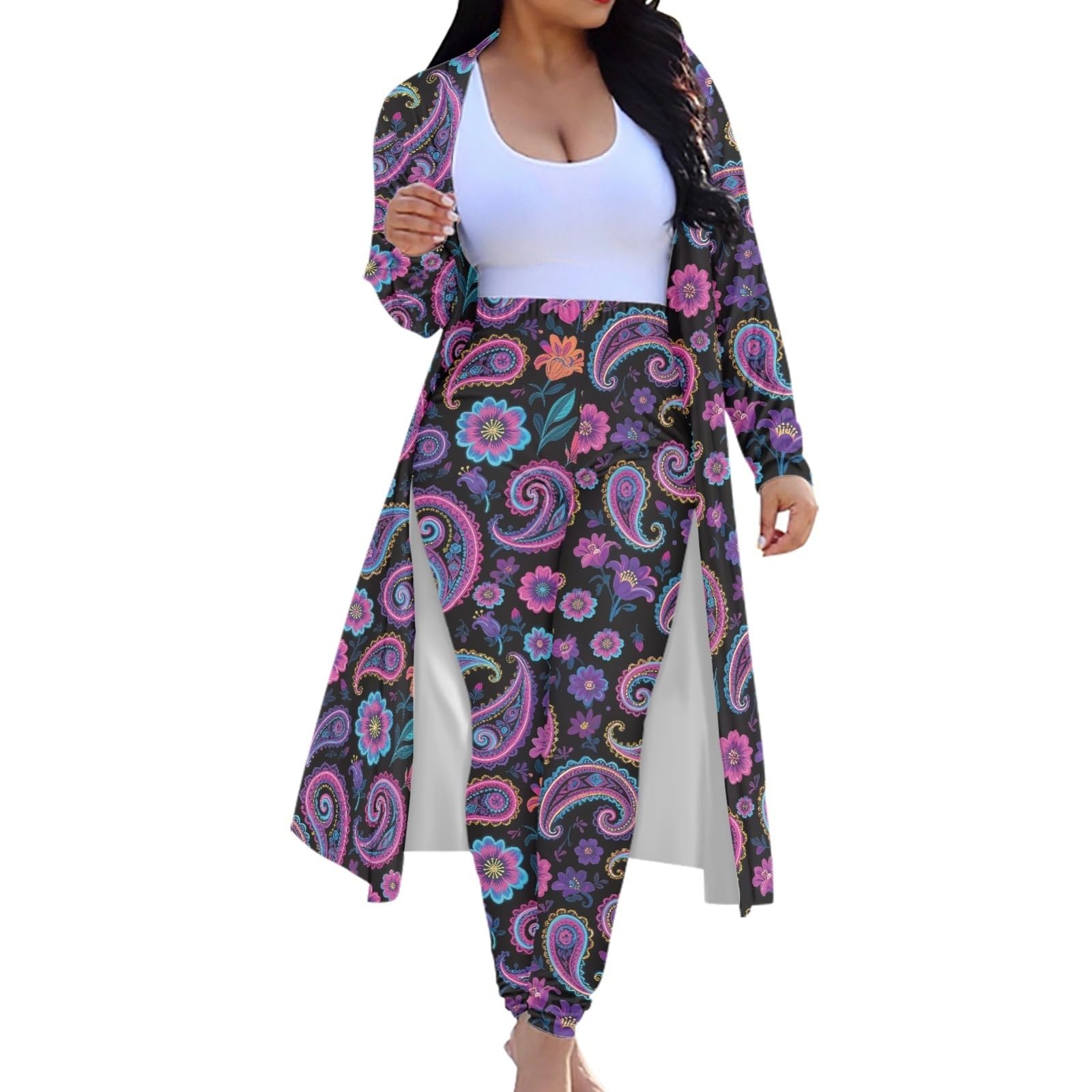 GLUDEAR Women Sexy 2 Piece Outfits Polynesian Traditional Print Long Kimono Cardigan Cover up and Bodycon Pants Set