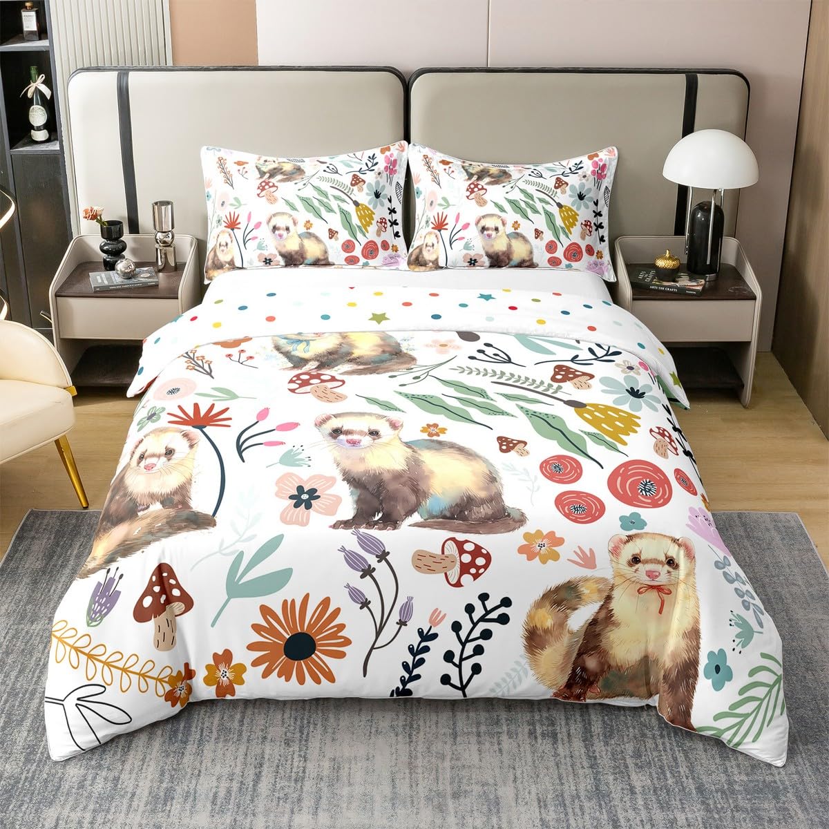 Kinder Kawaii Otter 100% Baumwolle Bettbezug 135x200,Nette Unterwasser Tier Tröster Abdeckung für Jungen Mädchen,Pilz Floral Pflanzen Bettwäsche Set,Cartoon Tier Bettdecke Abdeckung