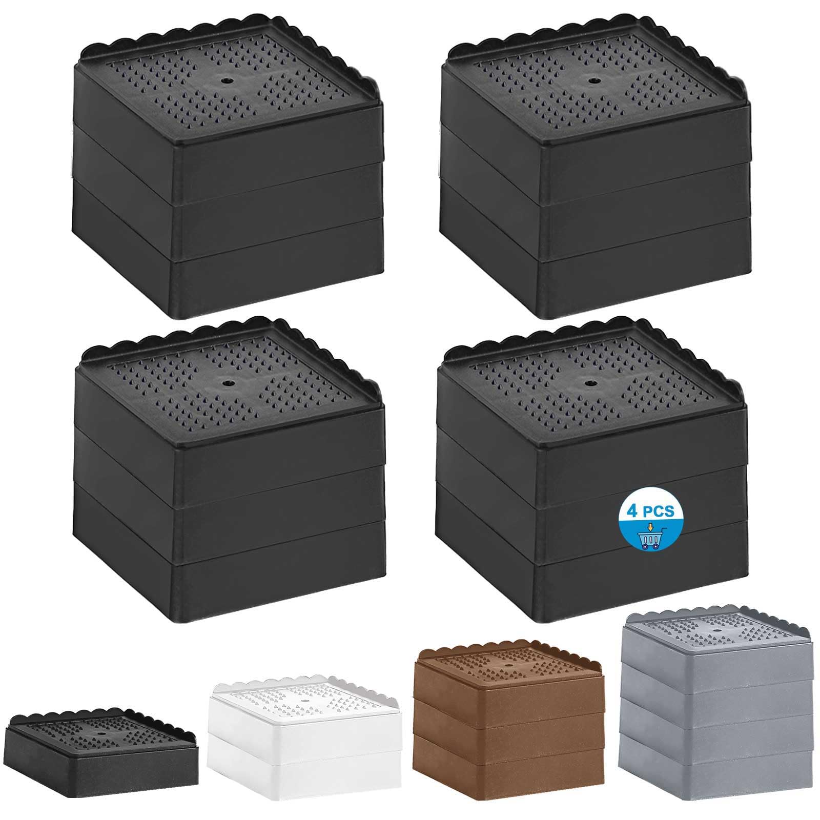 Elevadores de cama de 1, 2, 3 y 4 pulgadas, resistentes, ajustables para mesa, escritorio, sofá, silla, reclinable, marco de patas para dormitorio, bloques apilables (negro, paquete de 4, 1+1+1