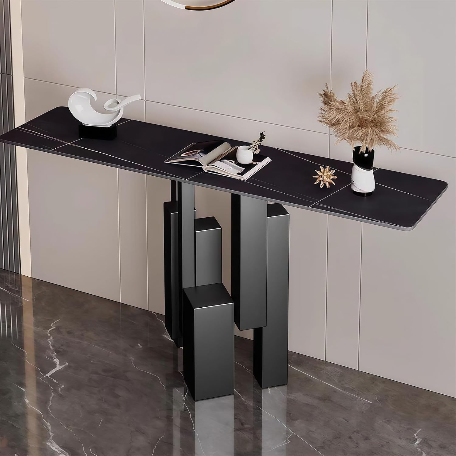 Modern Narrow Console Table Contemporary Accent Table with Stone Top Hallway and Entrance Table with Geometric Wrought Iron Frame for Living Room Hallway and Foyer