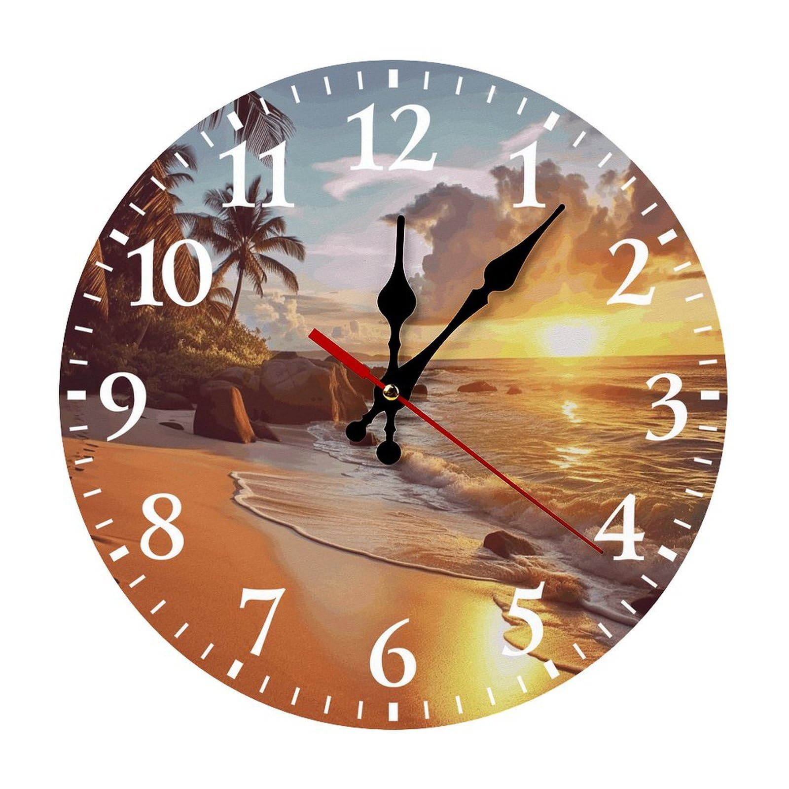 NTVOWPZO 10 Inch Wall Clock Tropical Beach at Sunset Battery Operated Wall Clocks Silent Non-Ticking Round Wall Clock for Living Room Kitchen Home Office Wall Decorative Clock