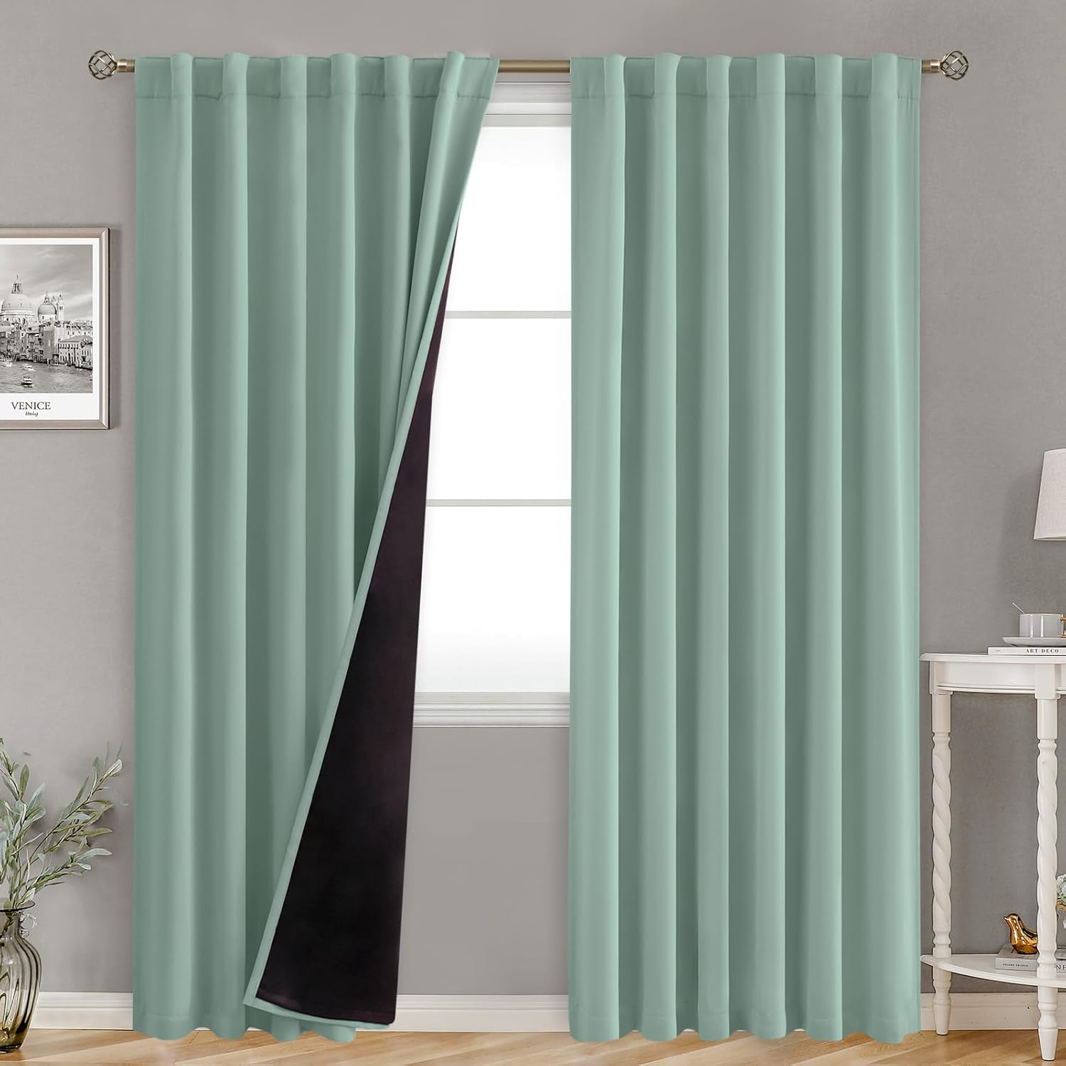 BGment Blackout Curtains with Thermal Insulation Liner Curtains 90 Inches Long, Rod Pocket and Back Tab Double Layer Room Darkening Window Curtain for Bedroom(52 x 90 Inch, 2 Panels, Frosty Green)