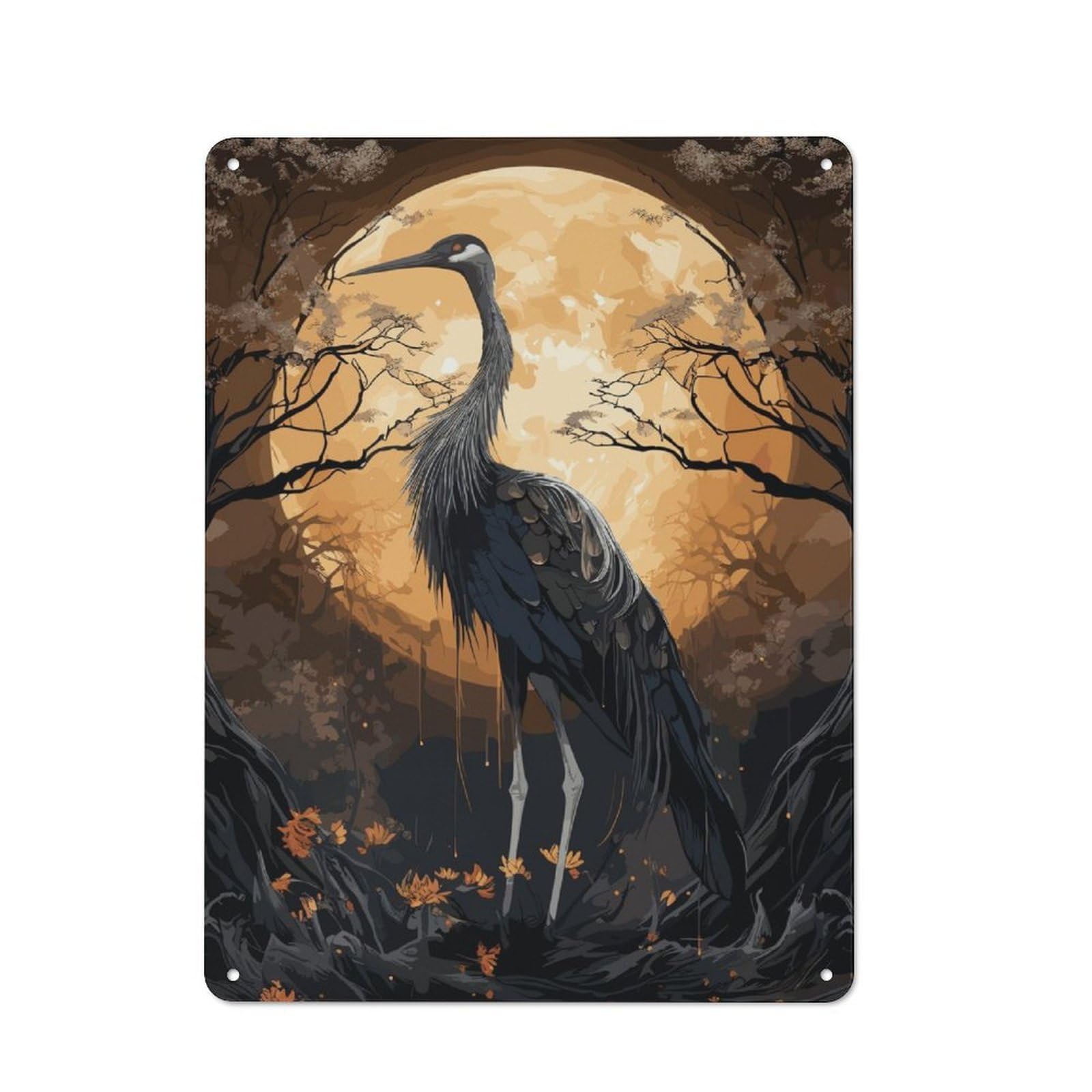 Junmoney Black Stork Mythology Tin Wall Plaque 40X30cm With For Guest Room Or Hallway, For Garage, Workshop And Man Cave Decoration