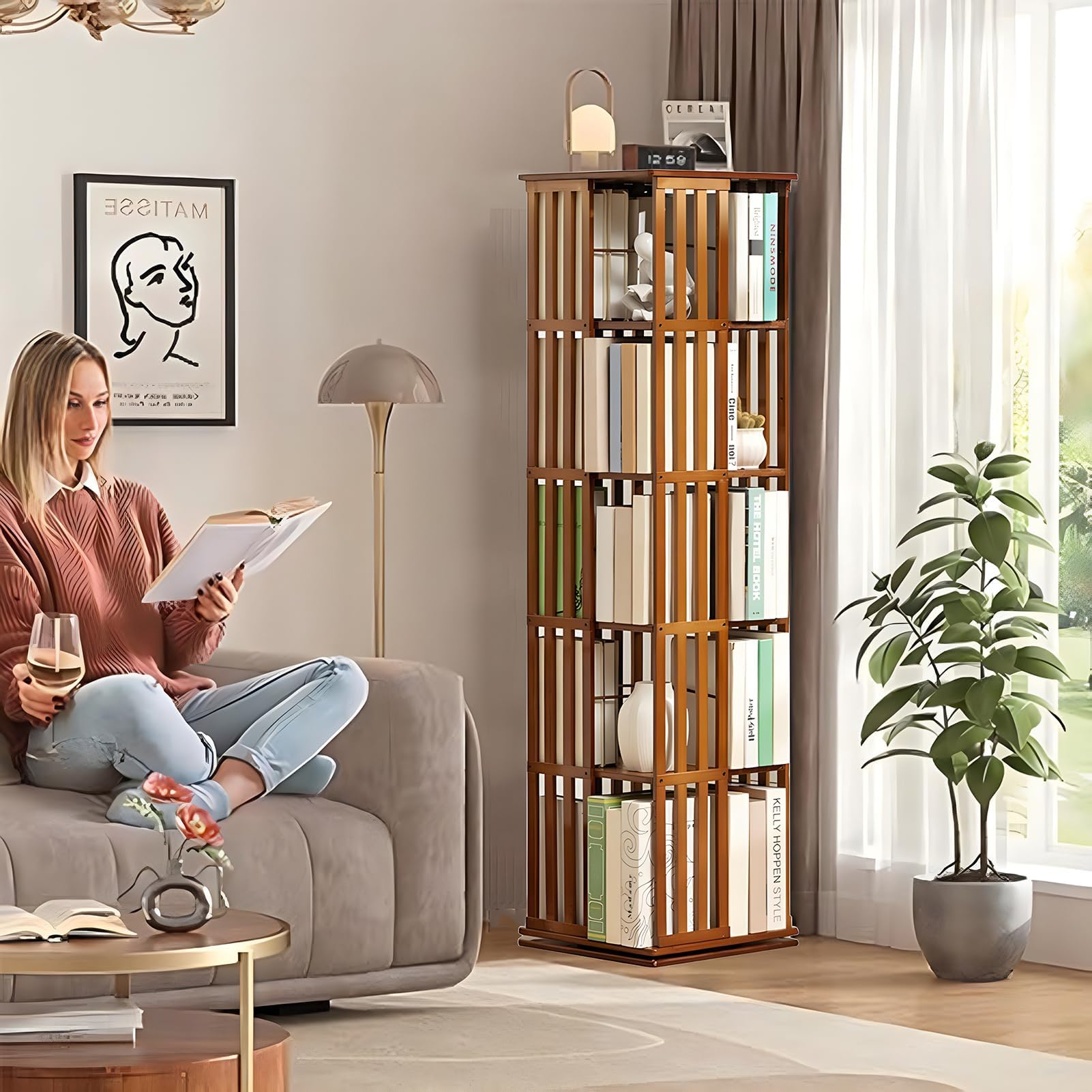 Libreria in Legno a 5 Livelli, 360 ° Scaffali Girevoli di Stoccaggio，Mobile Libreria Verticale Angolare, Porta Libri per Sala Camera Studio Soggiorno, Ufficio, Espositore (5 Livelli)