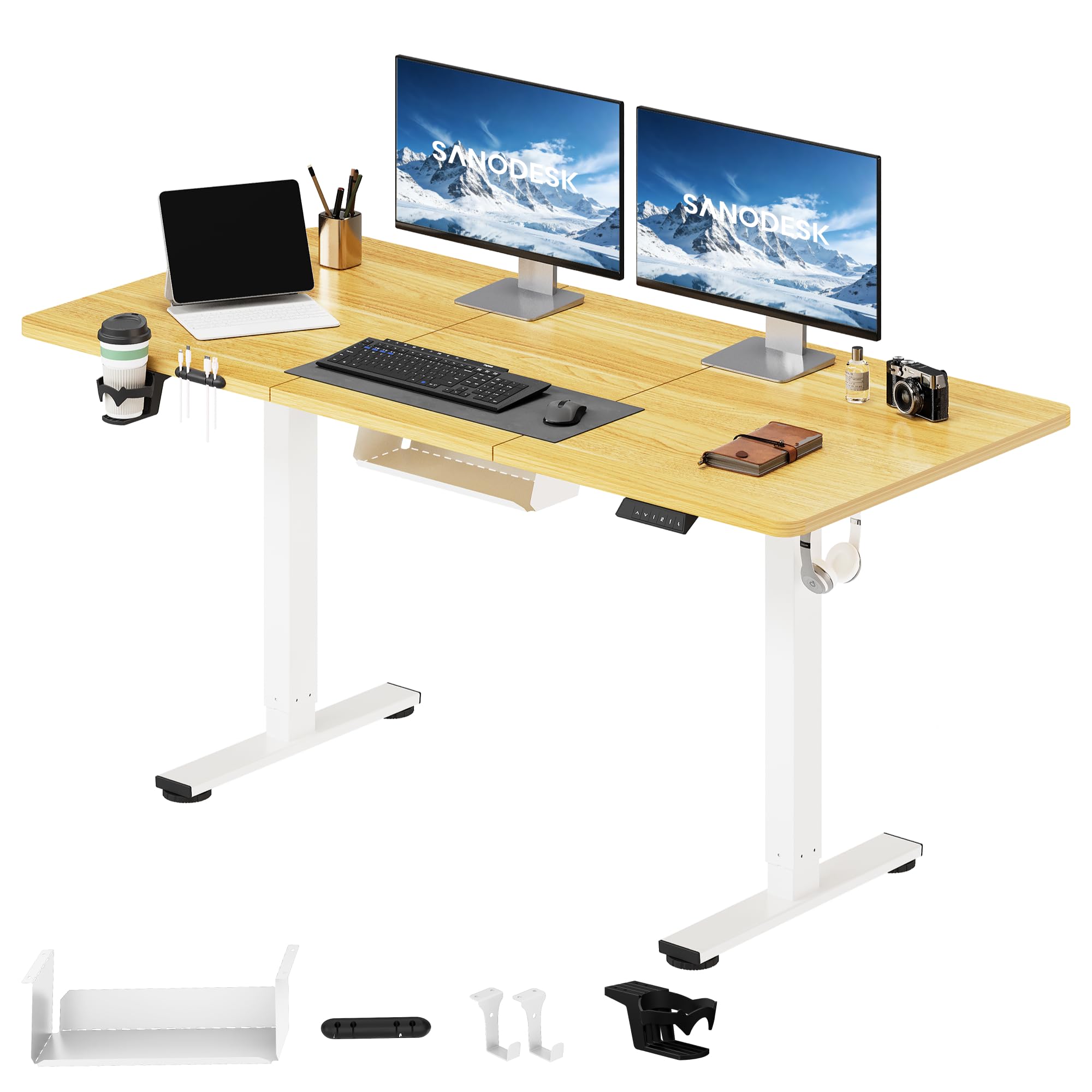 SANODESK Bureau Assis Debout Électrique 140x60 cm, Bureau Réglable en Hauteur Électrique avec Mémoire, Silencieux, Système Anti-Collision, Bureau Électrique Stable, Érable