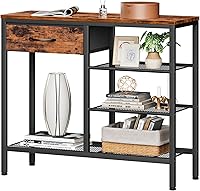 Furnulem 31.5" Industrial Rustic Brown Console Table - 4-Tier Shoe Rack with Mesh Shelves, Fabric Drawer, Entryway Foyer Sofa Side Table