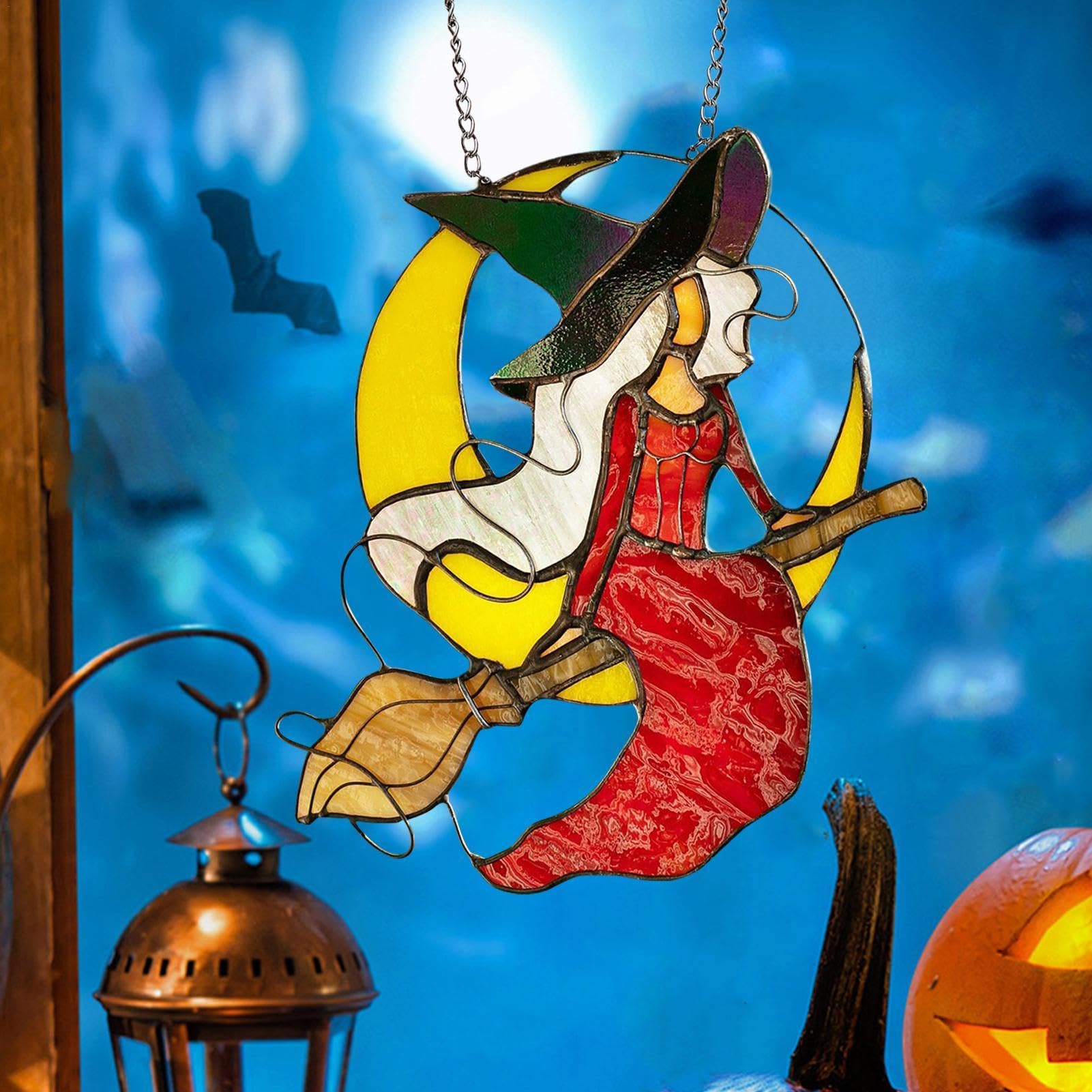 ハロウィンに　ステンドグラス　モビール(黒猫、魔女、おばけ) 6c0cfad222f96e38917f1f1af31f50