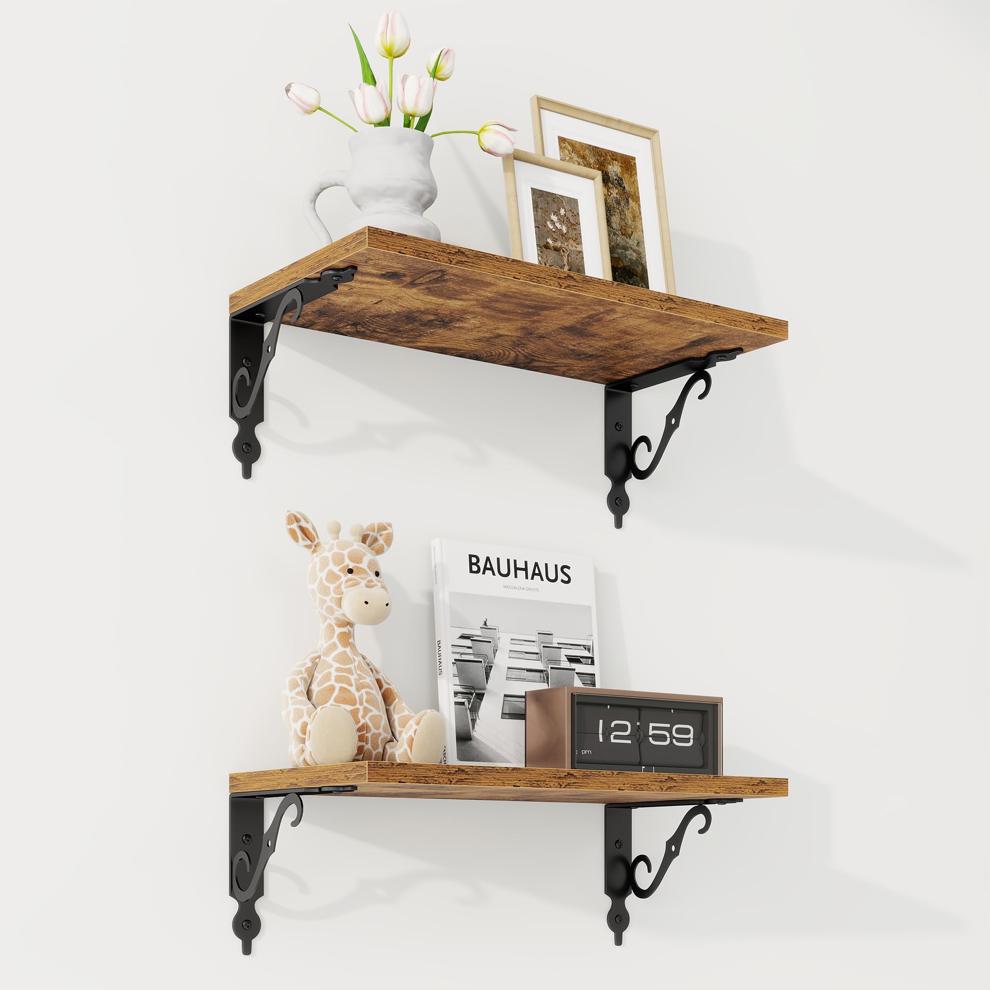 RICHFOCUS Floating Shelves for Wall Decor, 8 Inch Deep Floating Shelves Set of 2, 16W x 8D Shelves Wall Mounted with Metal Brackets, Wood Shelves for