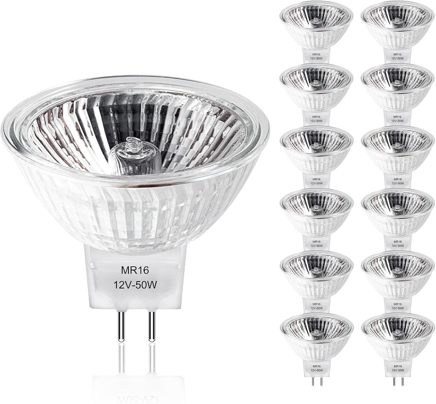 MR16 Halogen Bulbs 2 Pin, 12V 50W 6 Packs Halogen Light Bulbs Gu5.3 Base Dimmable with Clear Glass Cover, 2700K Warm White for Landscape Lights, Track Lights, Fiber Optics, Desk Lamps