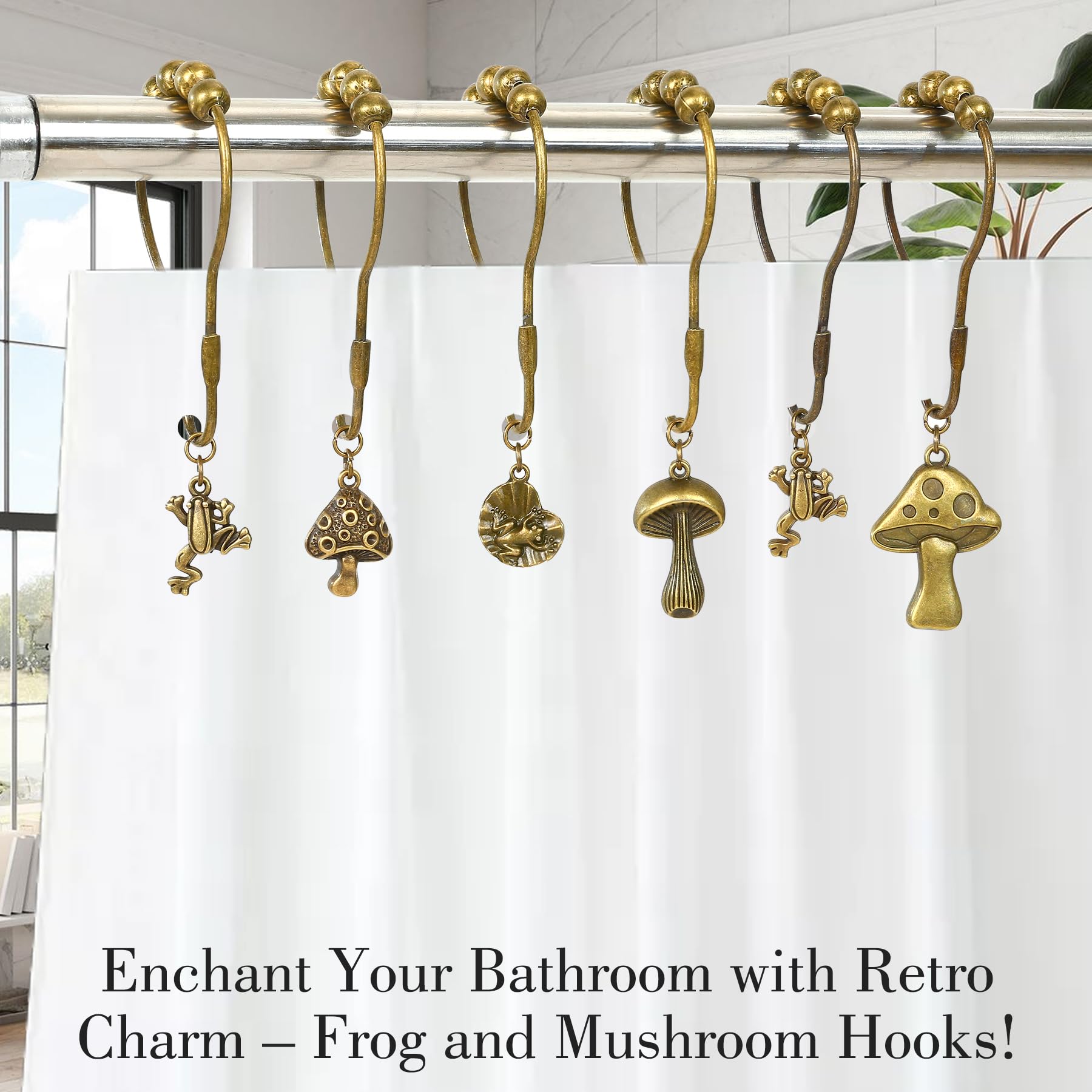 SANDOO 12pcs Frog and Mushroom Retro Shower Curtain Hooks - Cute Decorative Shower Curtain Hooks,Rustproof Metal Forest Style Boho Shower Curtain Rings for Fairytale Bathroom Decor, Housewarming Gift