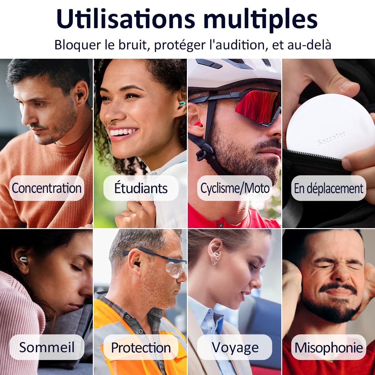 Bouchons d'oreilles Saccater Focus - Bouchons en silicone réutilisables pour la concentration, le travail, les études, le sommeil, les voyages, protection auditive, XS/S/M/L SNR 23 (Noir, Unité)
