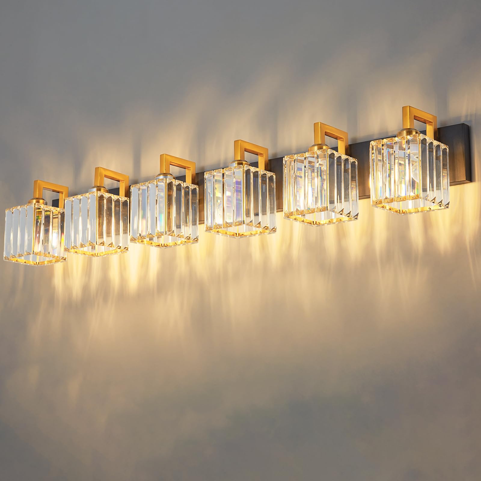 FDPBY Modern Bathroom Vanity Light 6-Lights Black Gold Crystal Wall Lamp Bathroom Modern Crystal Vanity Lighting