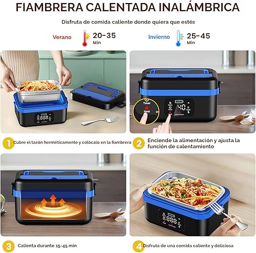 Miniatura 4 de Fiambrera eléctrica inalámbrica, con pilas, lonchera térmica de 1 litro con aislamiento de alimentos con tenedor y cuchara, bolsa de transporte