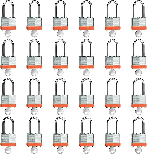 Candado laminado con llave (1-916 pulgadas, 1.575 in), cerraduras iguales con llave, aro naranja, grillete largo, paquete de 24, cerradura para