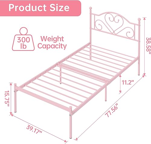 Miniatura 2 de Weehom Base de cama individual con cabecero, plataforma de metal resistente, espacio de almacenamiento debajo de la cama, fácil montaje para niños,
