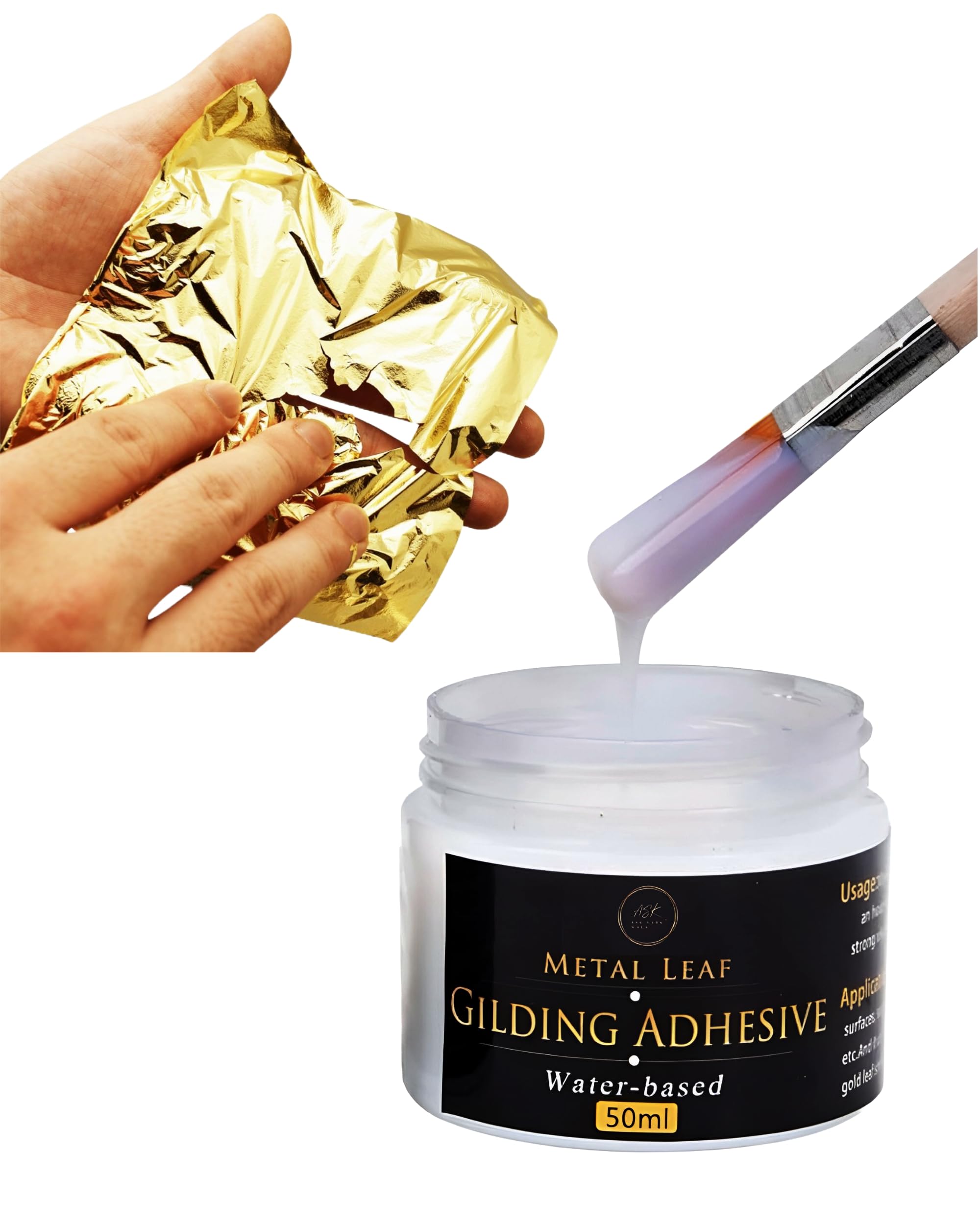 Gold Leaf Kit, Gold Leaf Sheet 100 pc, and Gilding Adhesive 50ml Water Based Adhesive for Arts, Craft, Painting, Furniture and Decoration