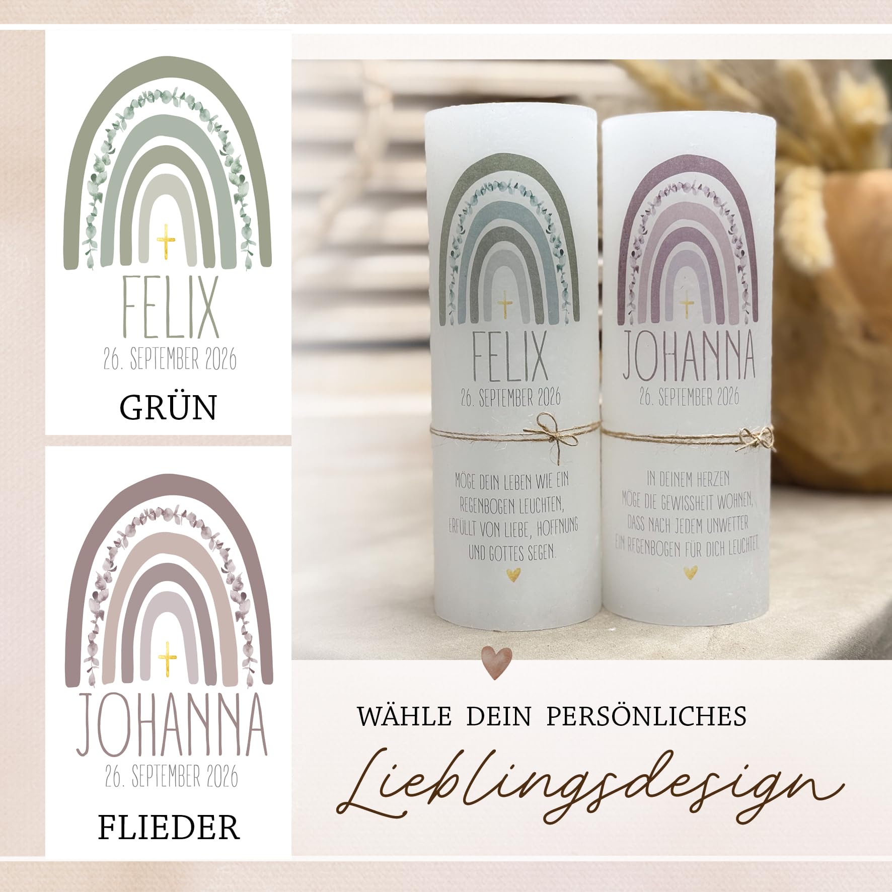 Personalisierte Taufkerze mit Name & Datum | Rustikkerze 7x20 cm | Geschenk zur Taufe Mädchen Junge | Individuelle Kerze mit Spruch | Regenbogen Motiv (Grün)