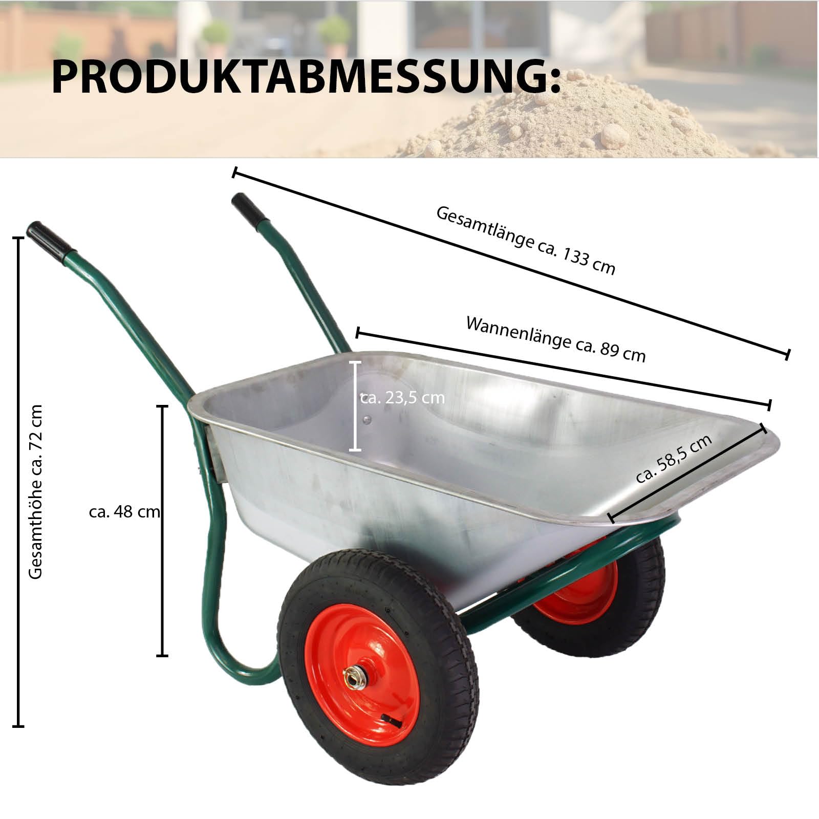 TRUTZHOLM Schubkarre 100 Liter 160 kg Tragkraft verzinkte Stahlwanne leichtlaufende Lufträder auf Stahlfelge Bauschubkarre Gartenschubkarre Schiebkarre 2 Rad Karre Wheelbarrow Silber