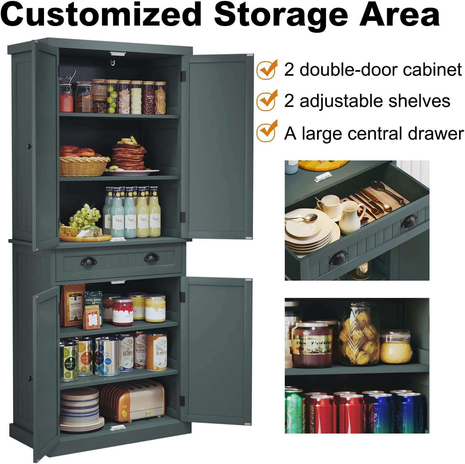 Image illustrating customized storage areas with double-door cabinets, adjustable shelves, and a central drawer.