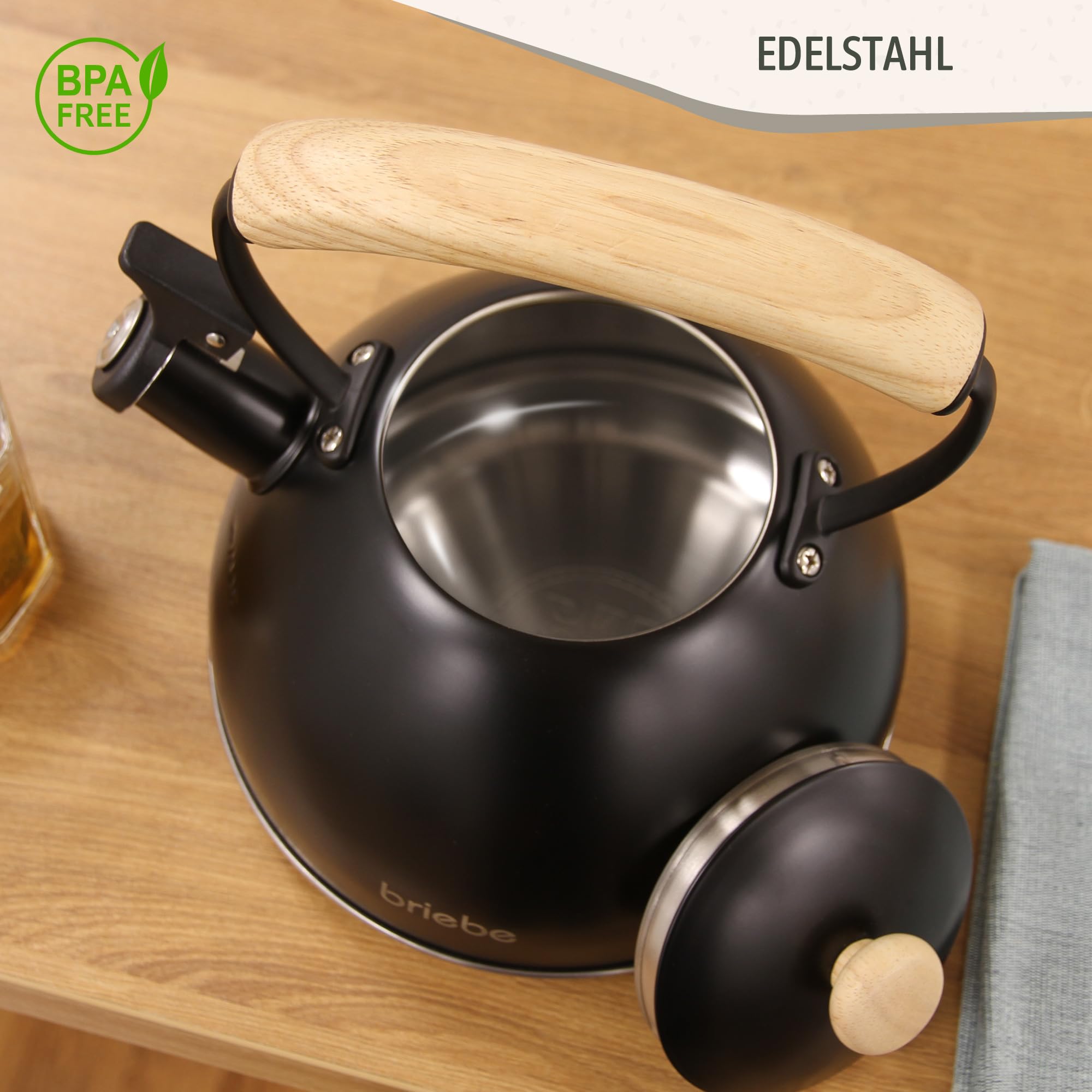 briebe Nordic Wasserkessel Induktion 2,3L, Flötenkessel, Edelstahl Teekessel Retro Alle Herdarten, GlasKeramikherd, Gas, Elektroherd, Holzgriff Cool-Touch, für Tee Kaffee, Tea pot, Schwarz