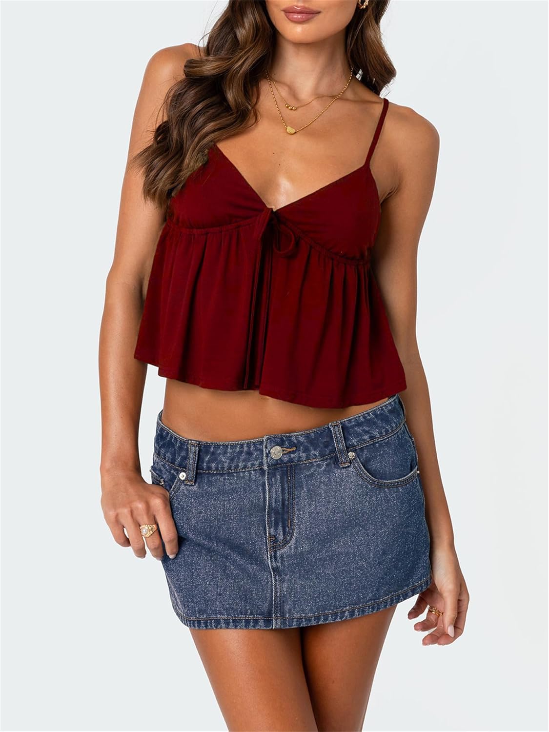 Women Y2k Flowy Ruffle Hem Cami Tank Top Casual Solid Color Deep V Neck Sleeveless Peplum Camisole Summer Beachwear - Image 2