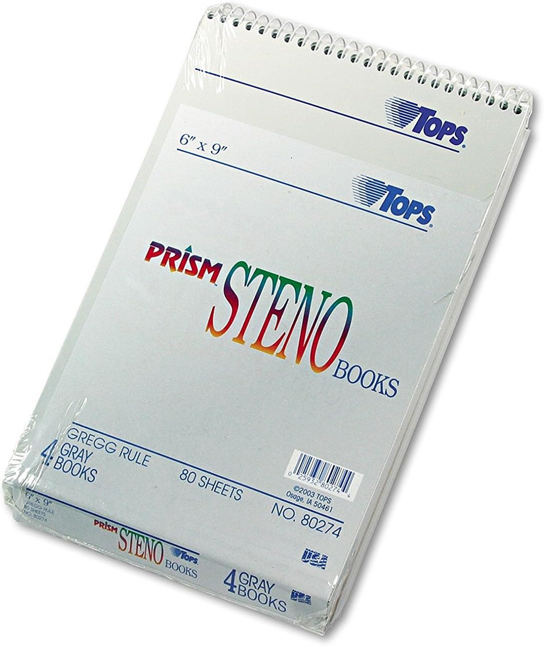 TOPS Spiral Steno Notebook, Gregg Rule, 6 x 9, Gray, 4 80Sheet Pads/Pack Sold