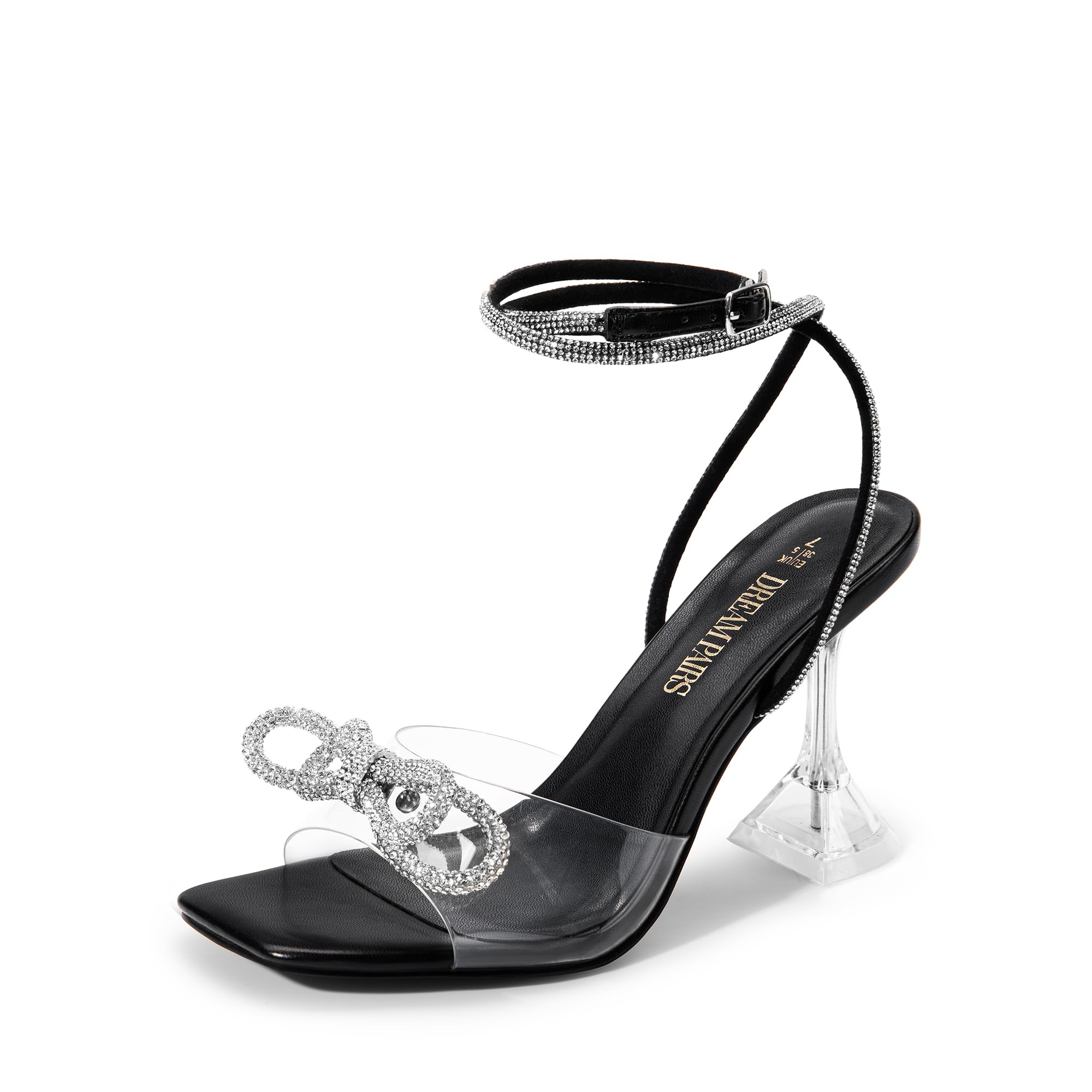 DREAM PAIRS Stiletto Bow Heels for Women Strappy Sparkly Rhinestone Square Toe Clear Crystal High Sandals for Party Wedding