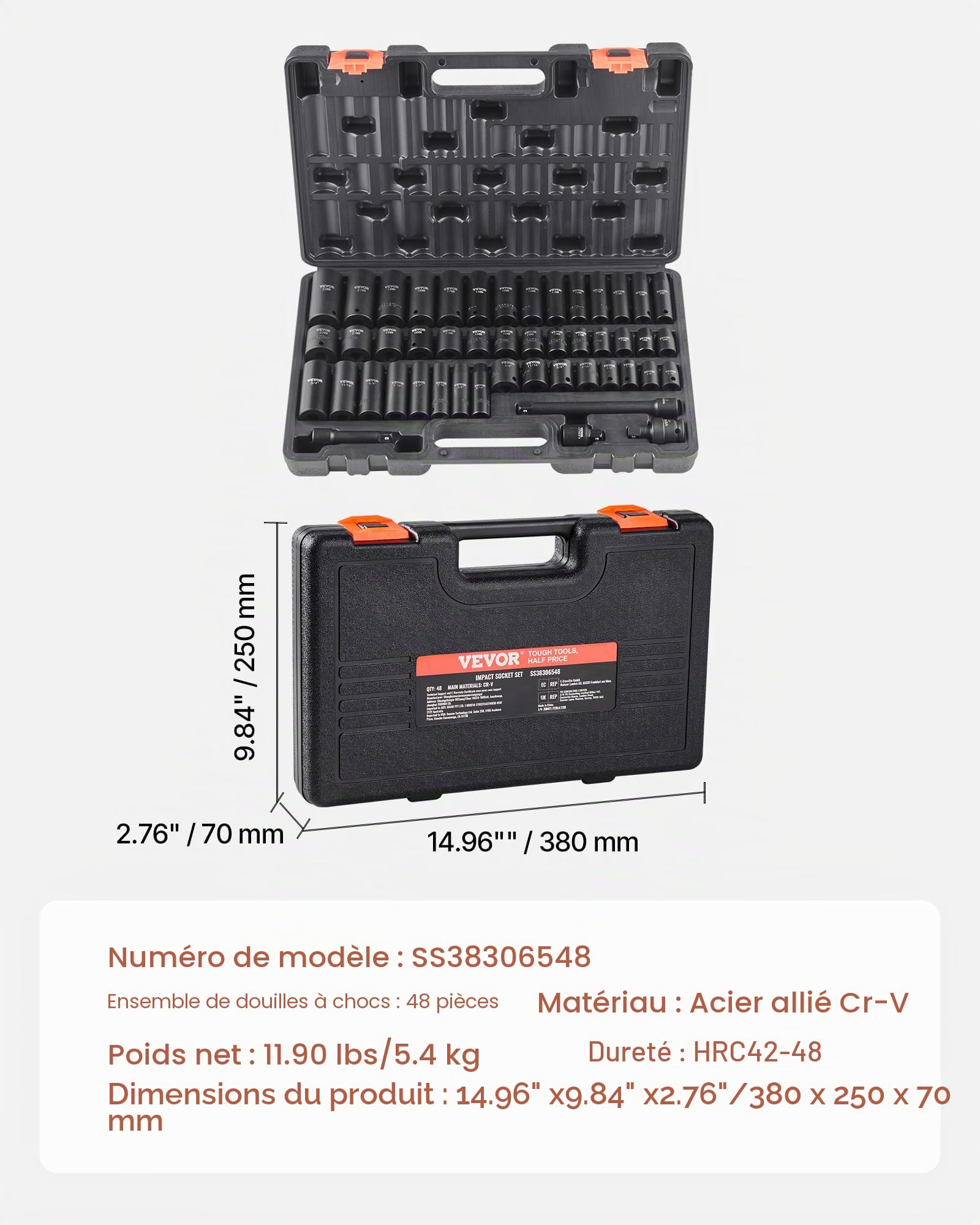 VEVOR Jeu de Douilles à Choc 3/8" Jeu de 44 Douilles à Impact 6 Pans en Acier Allié CR-V Dureté HRC 42-48 Solide Repère de Taille Facile avec Accessoires et Mallette de Transport pour Réparation Auto