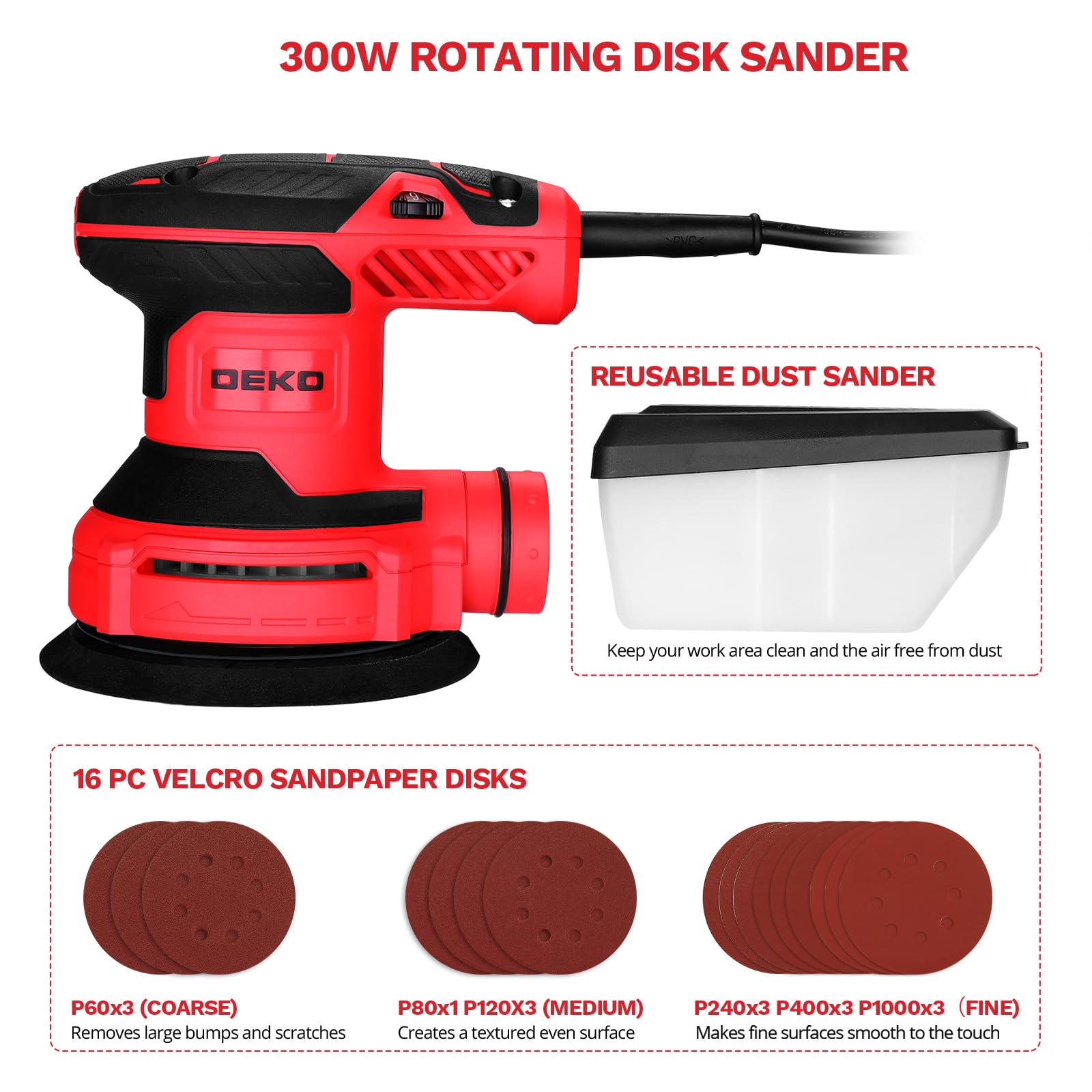 DEKOPRO 300W Orbital Sander, 6 Speed, 14000RPM, 16 Pieces Sandpaper, 125 mm Sanding Pad, Dust Collector, for Wood and Steel Surfaces