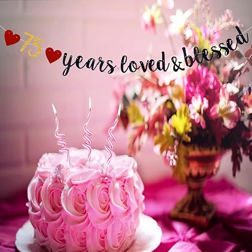 Miniatura 5 de Cartel negro con purpurina de 75 años de amor y bendición, decoración de fiesta de cumpleaños 75, suministros (preencordado)